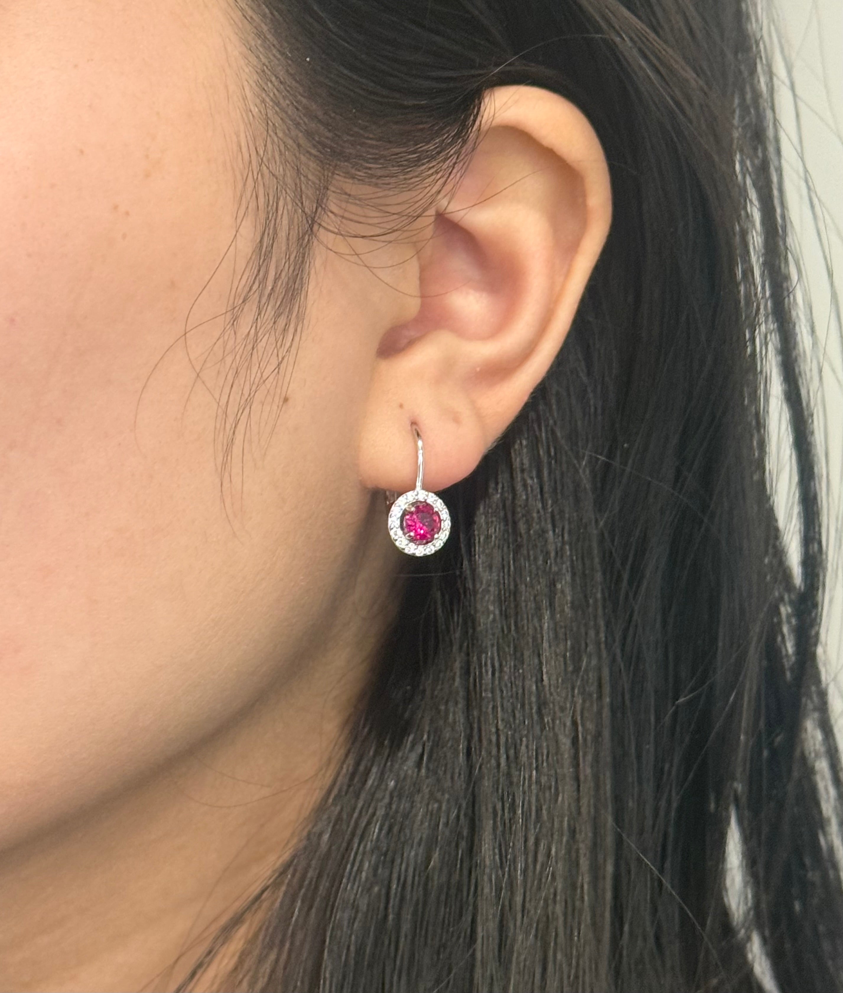 Sterling Silver Red Round Halo Drop Earrings