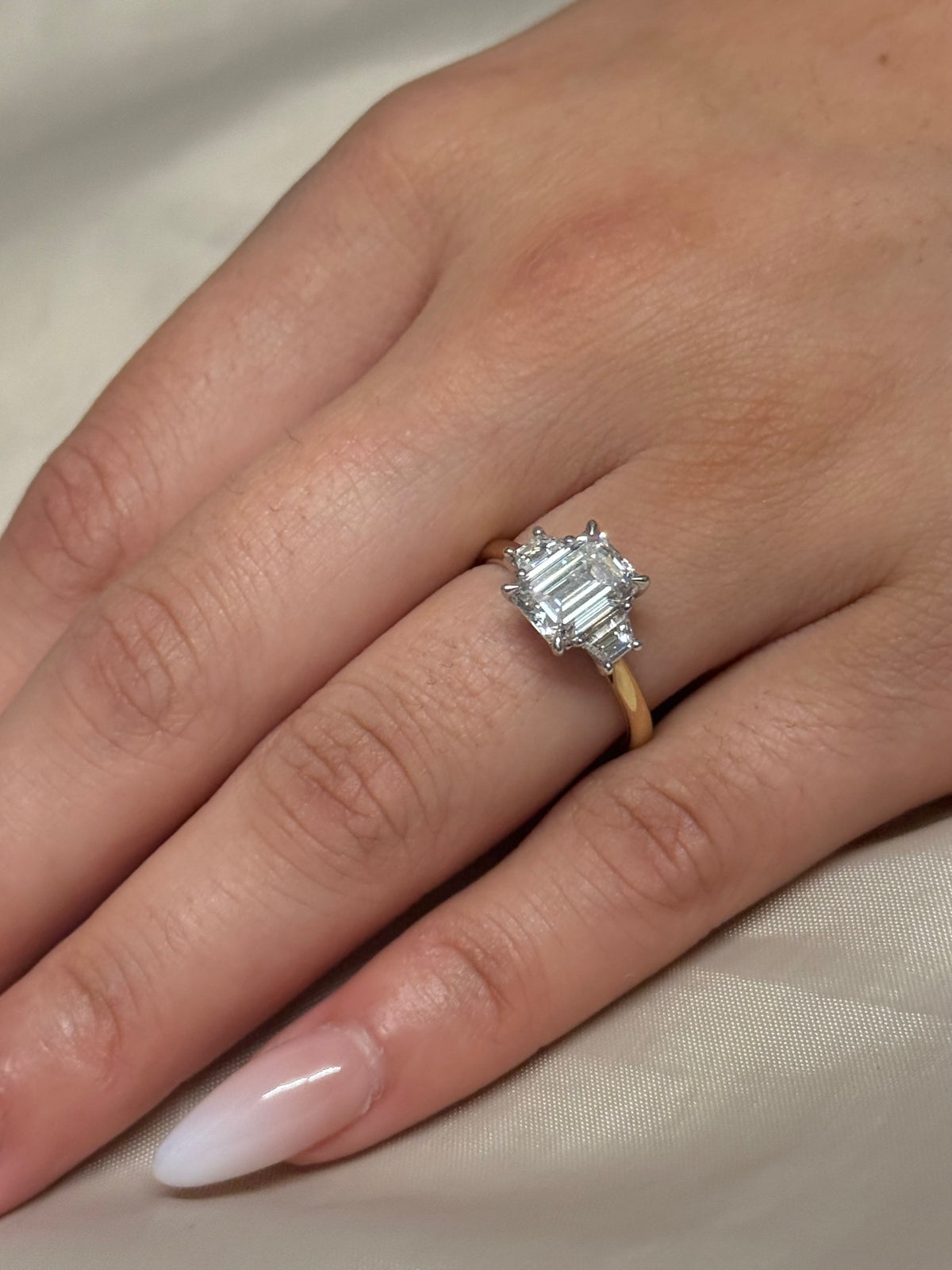 9K Yellow Gold 2.42ct Laboratory Grown Emerald Cut and Trapezoid Three Stone Ring