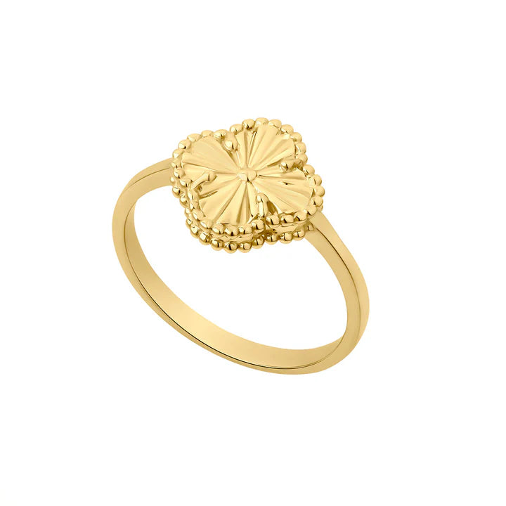 9K Yellow Gold Diamond Cut Beaded Clover Ring