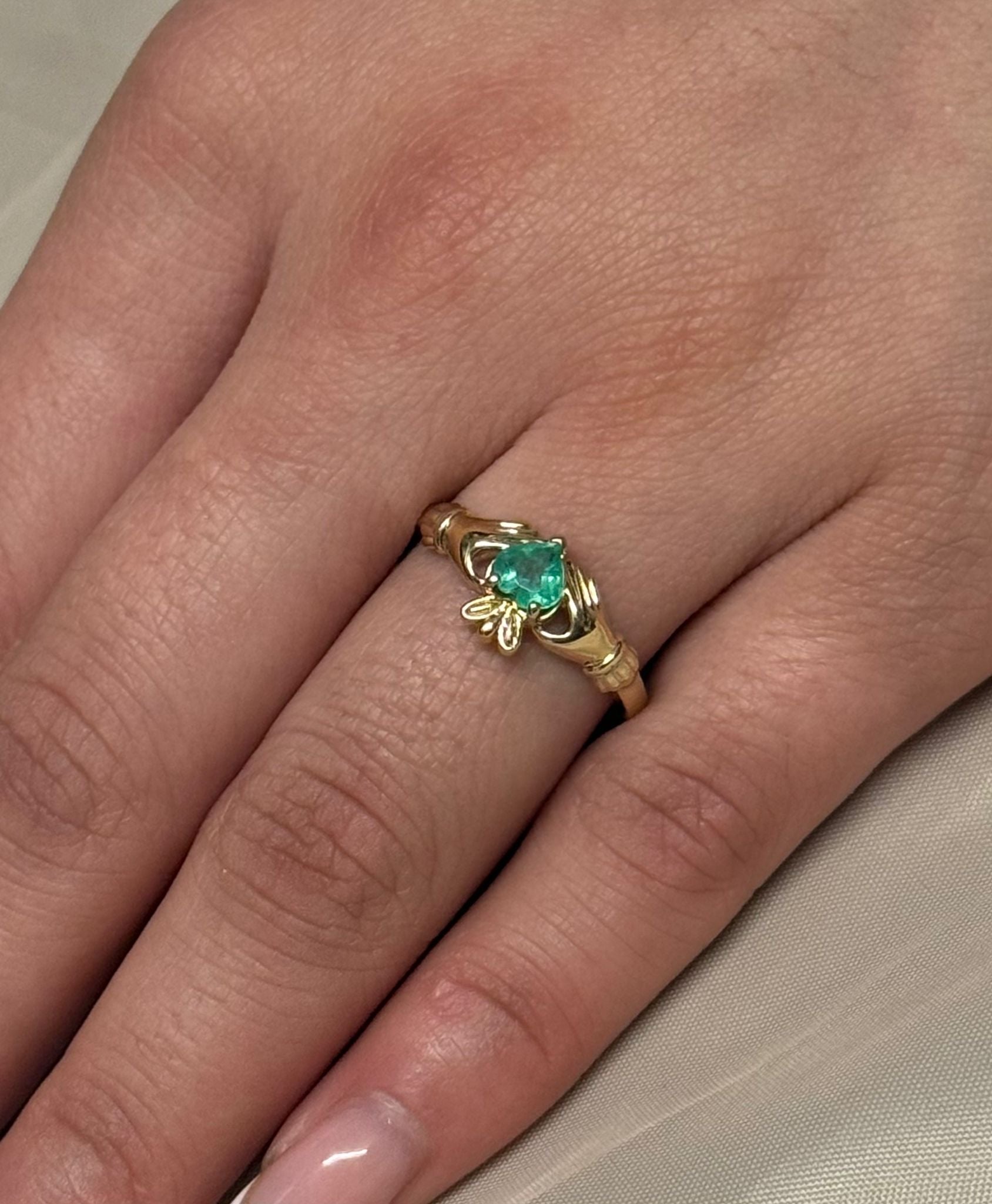 9K Yellow Gold Emerald Heart Claddagh Ring