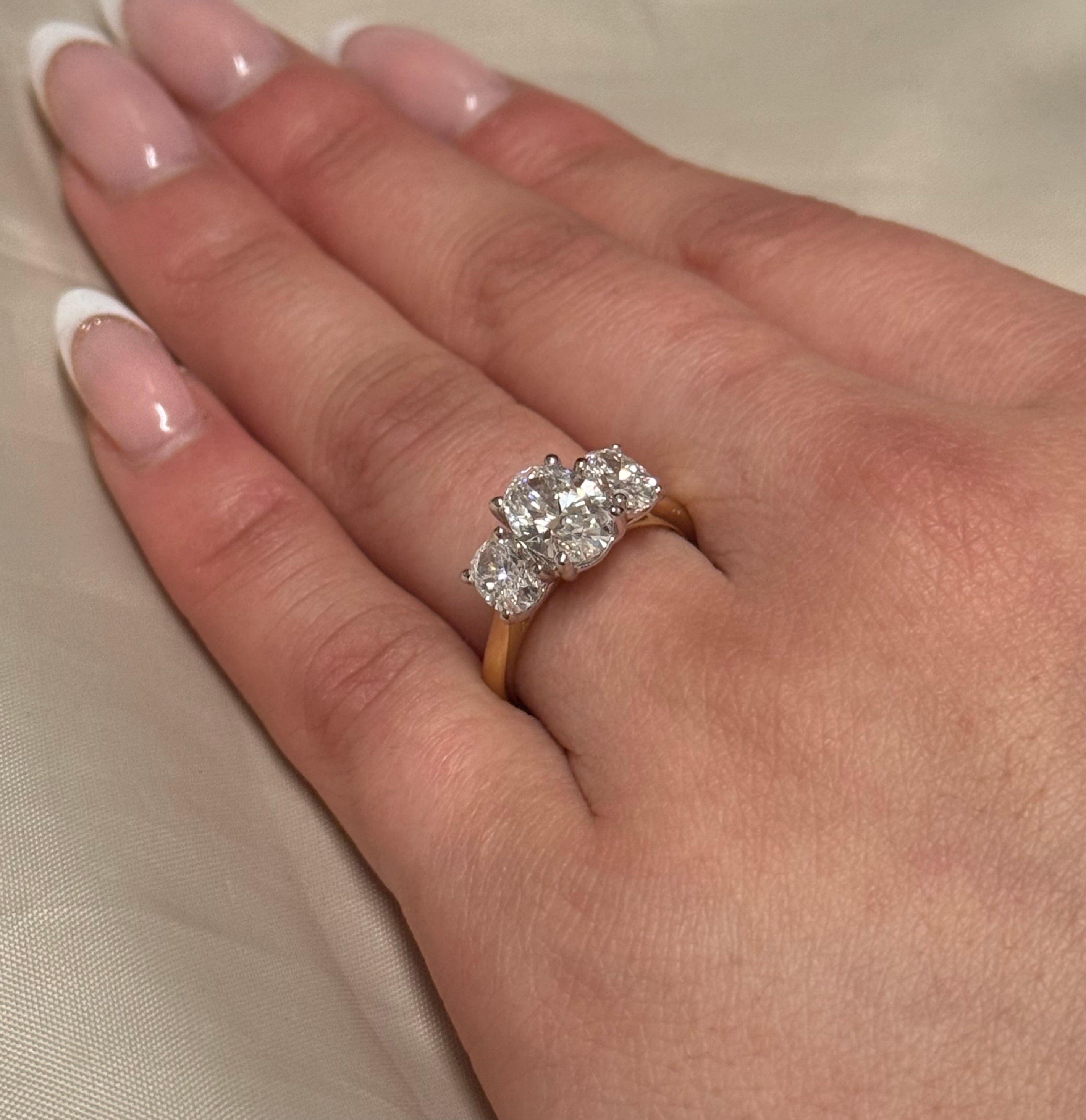 18K Yellow Gold 2.58ct Oval Laboratory Grown Diamond Three Stone Ring