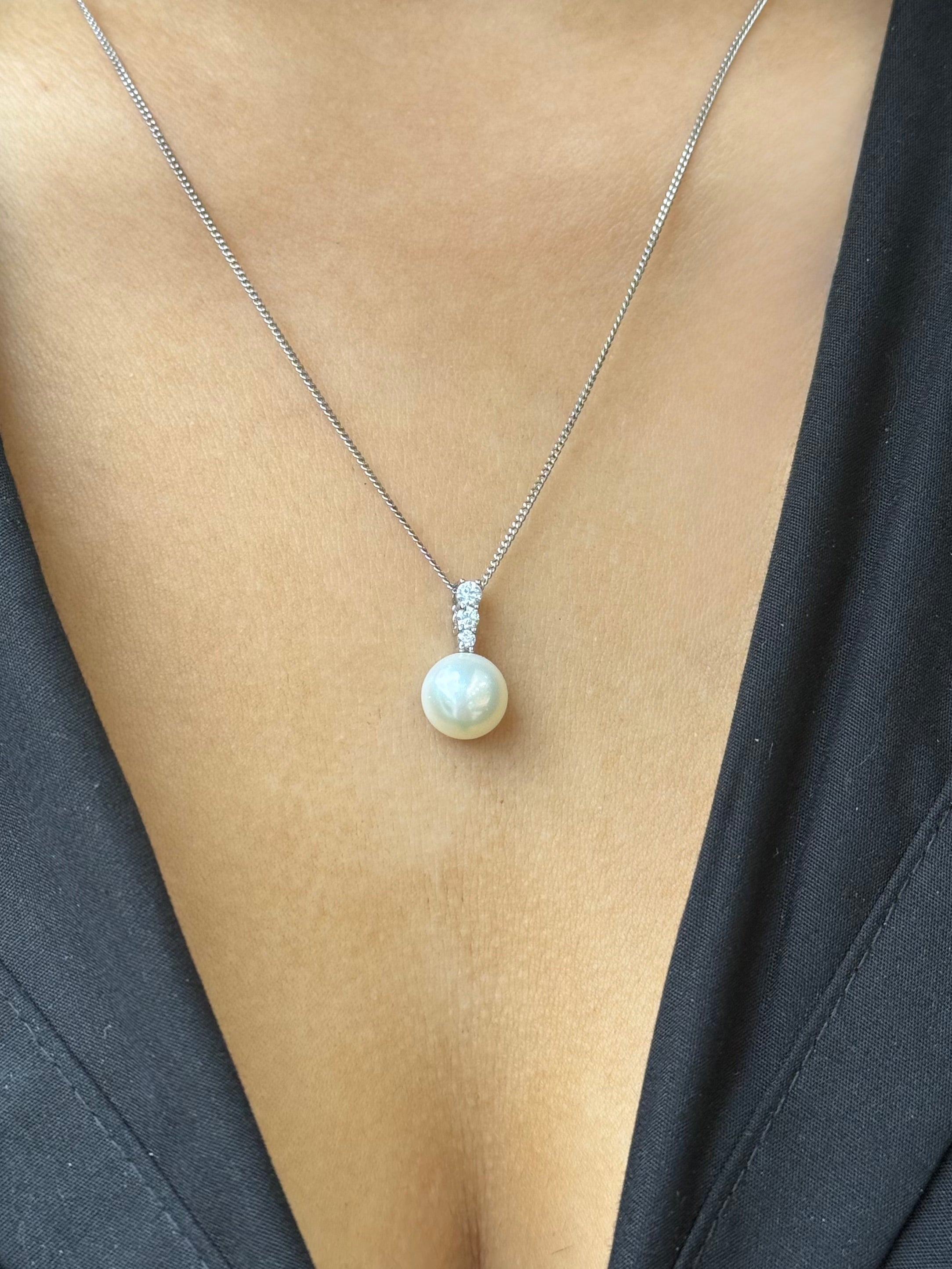 Sterling Silver Drop Pearl Cz Necklace
