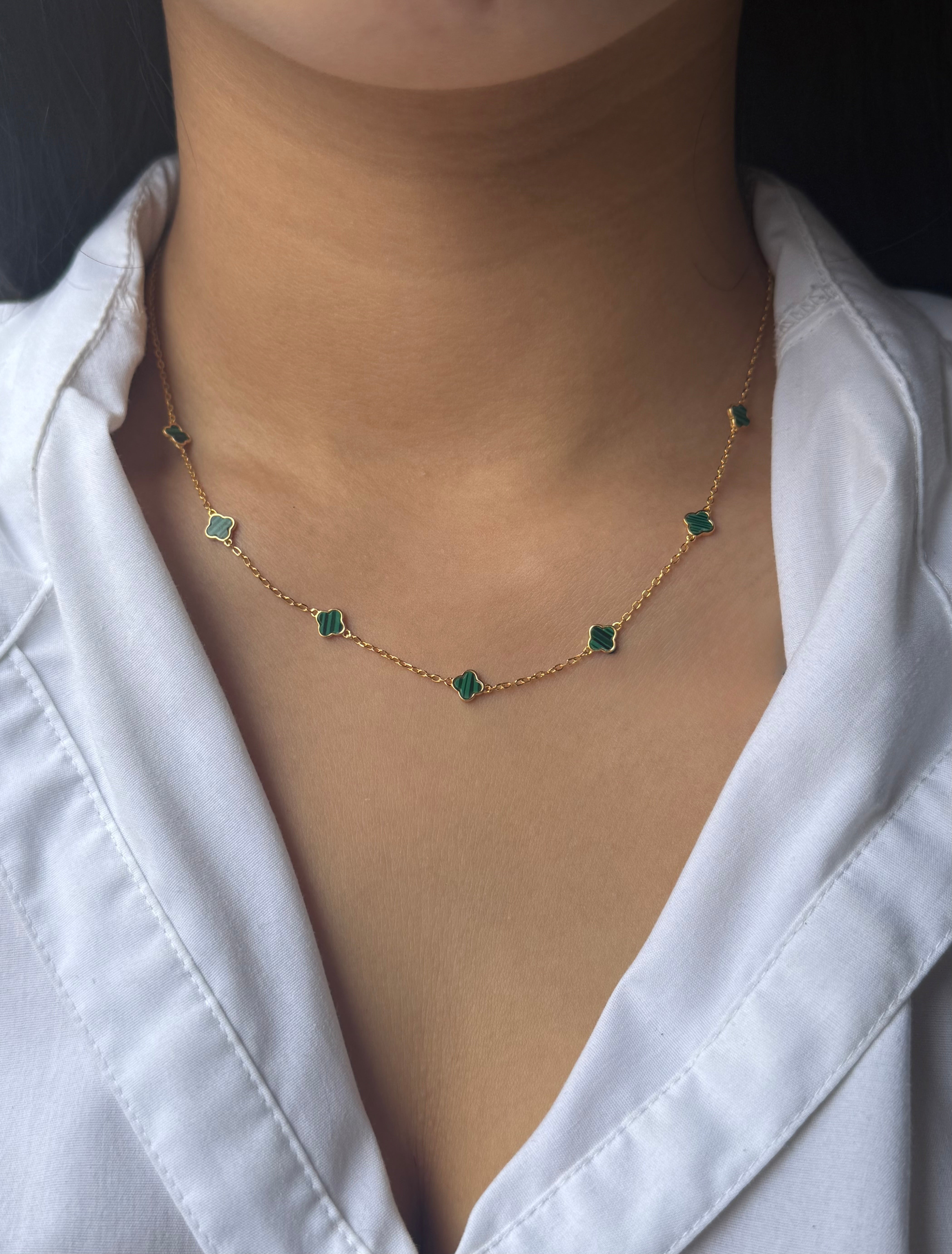 Gold Plated Sterling Silver Malachite Clover Necklace