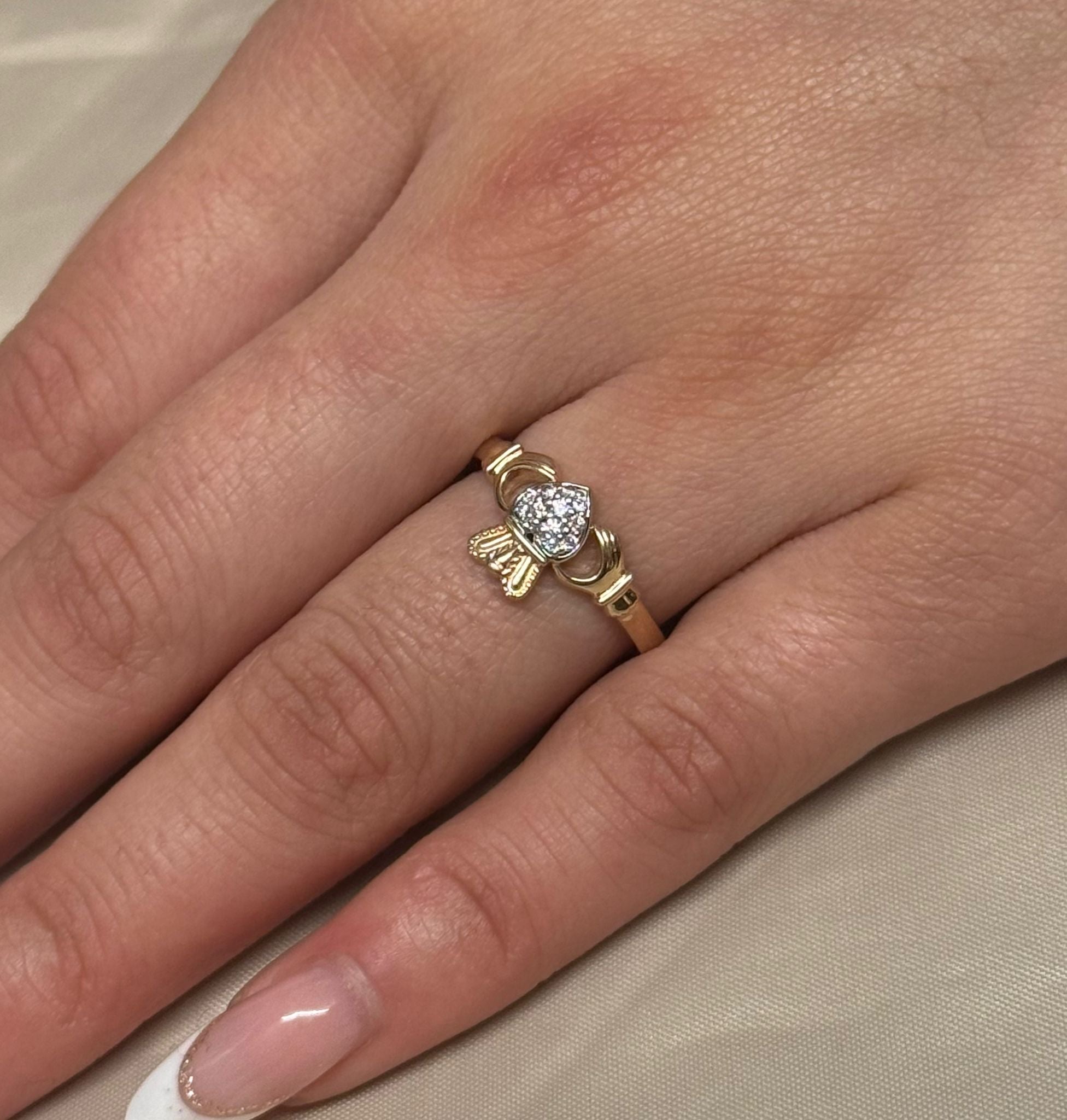 9K Yellow Gold Diamond Heart Claddagh Ring