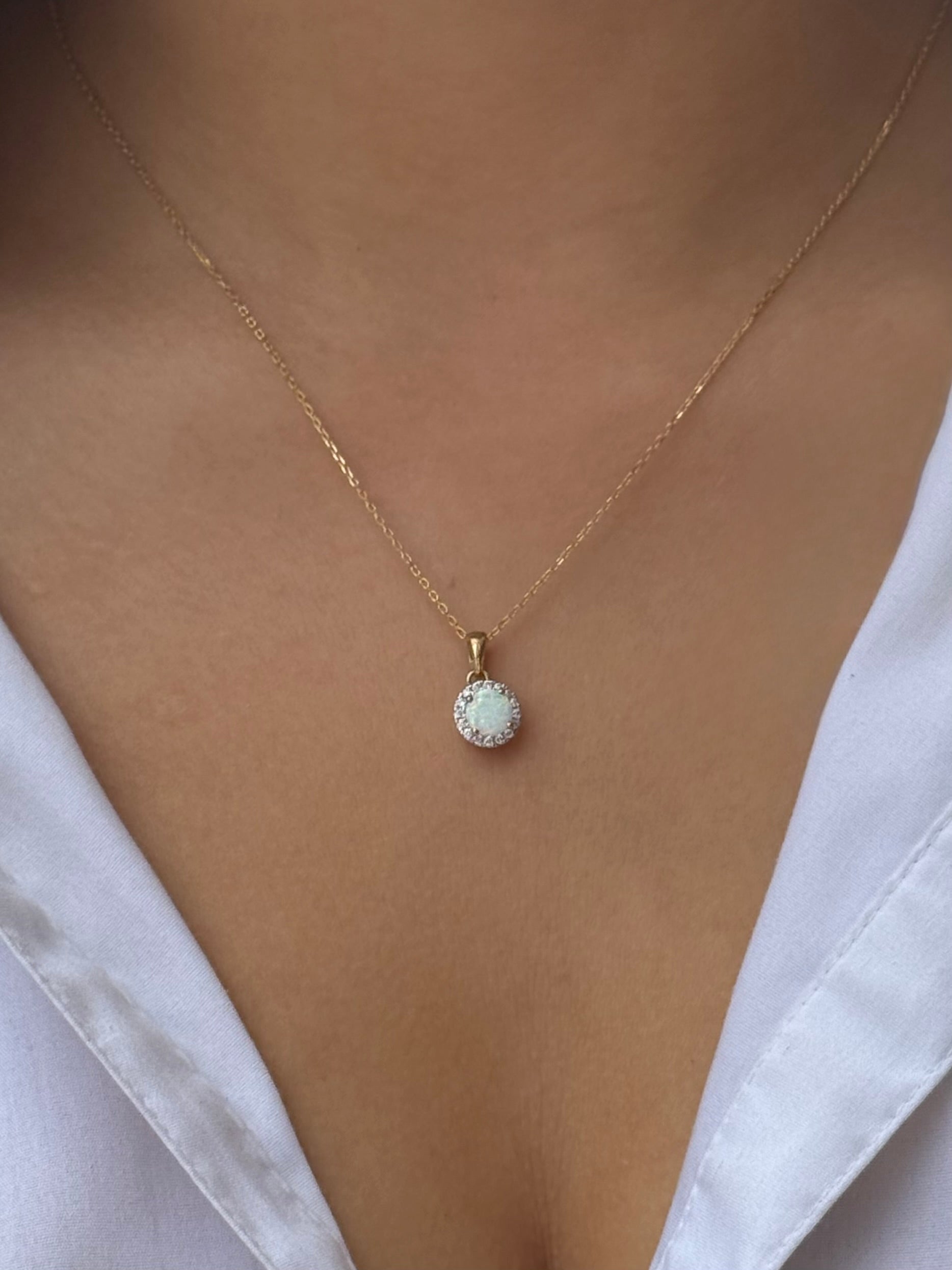 9ct Yellow Gold Opal Round CZ Halo Pendant