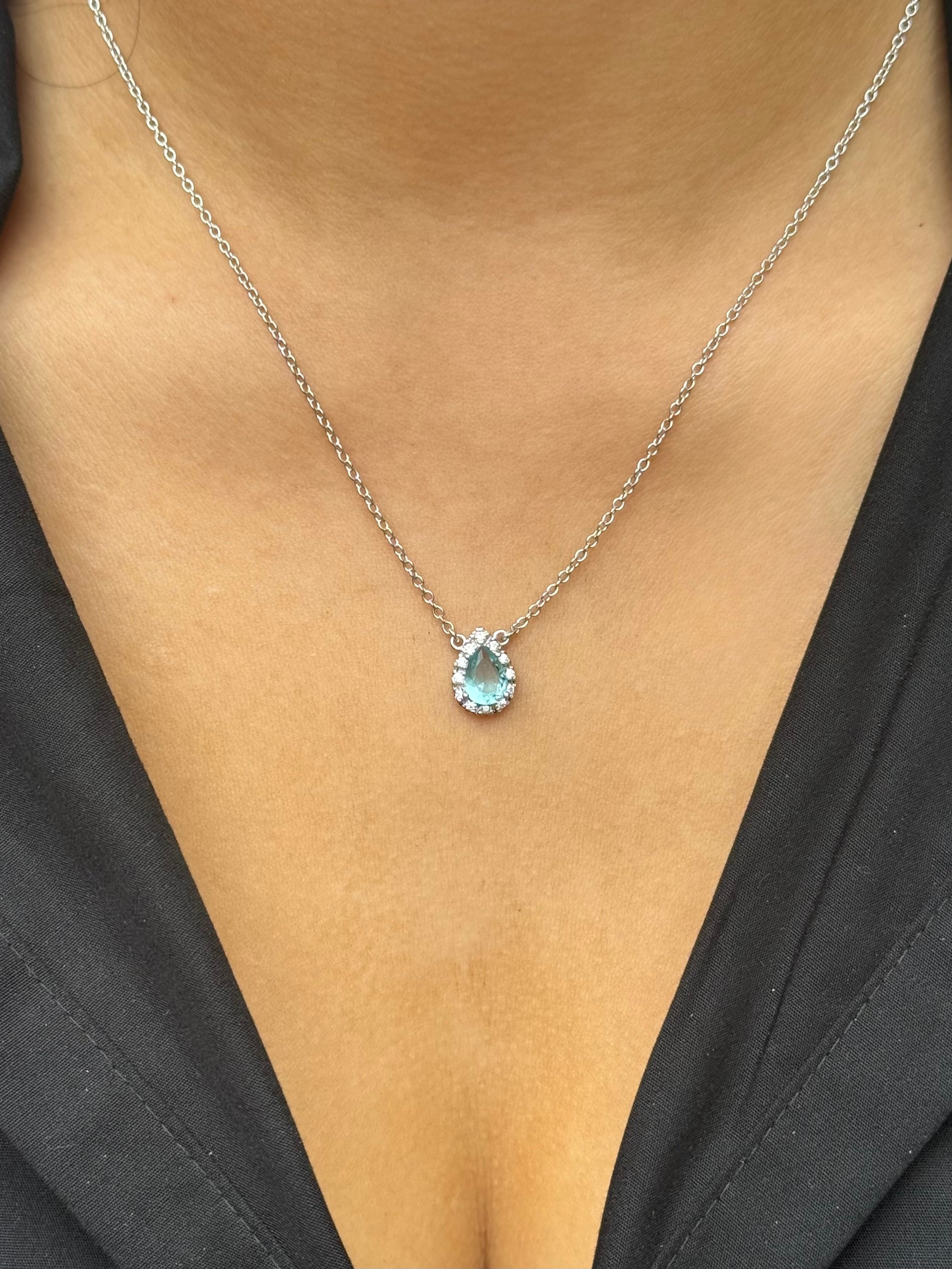 Sterling Silver Aqua Cz Pear Shape Halo Necklace