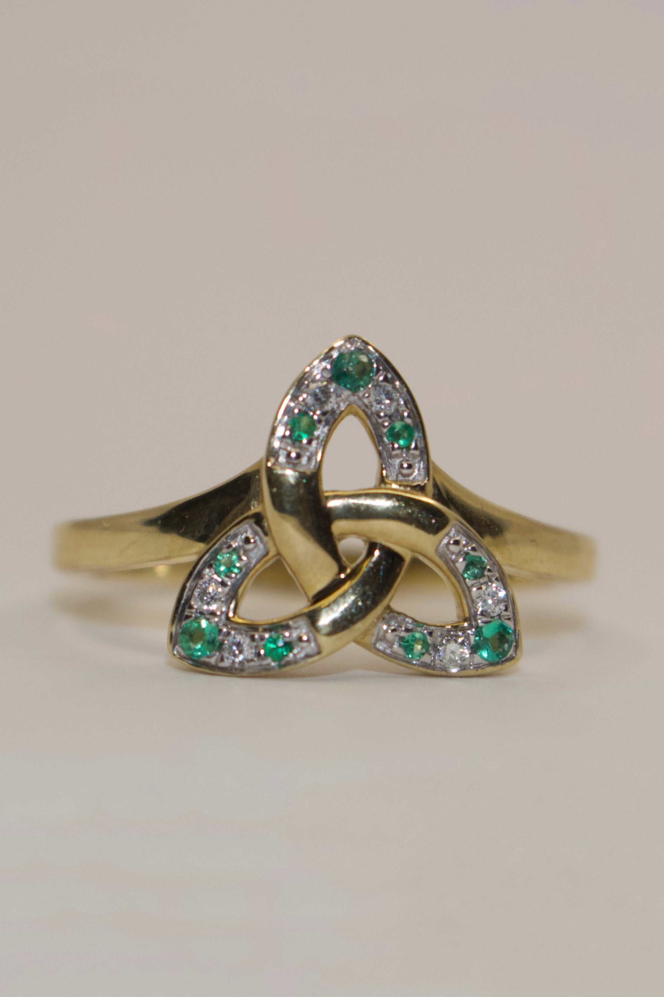 9K Yellow Gold Emerald and Diamond Trinity Ring