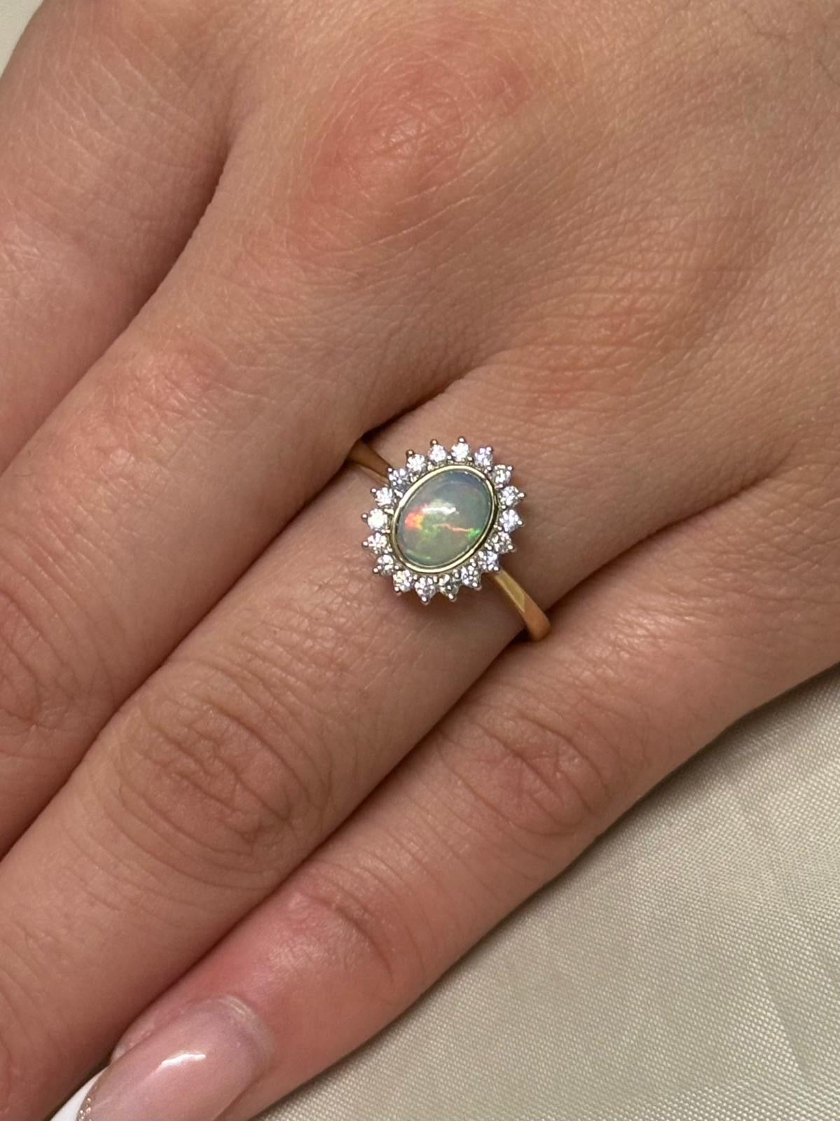 9K Yellow Gold Opal and Diamond Cluster Ring