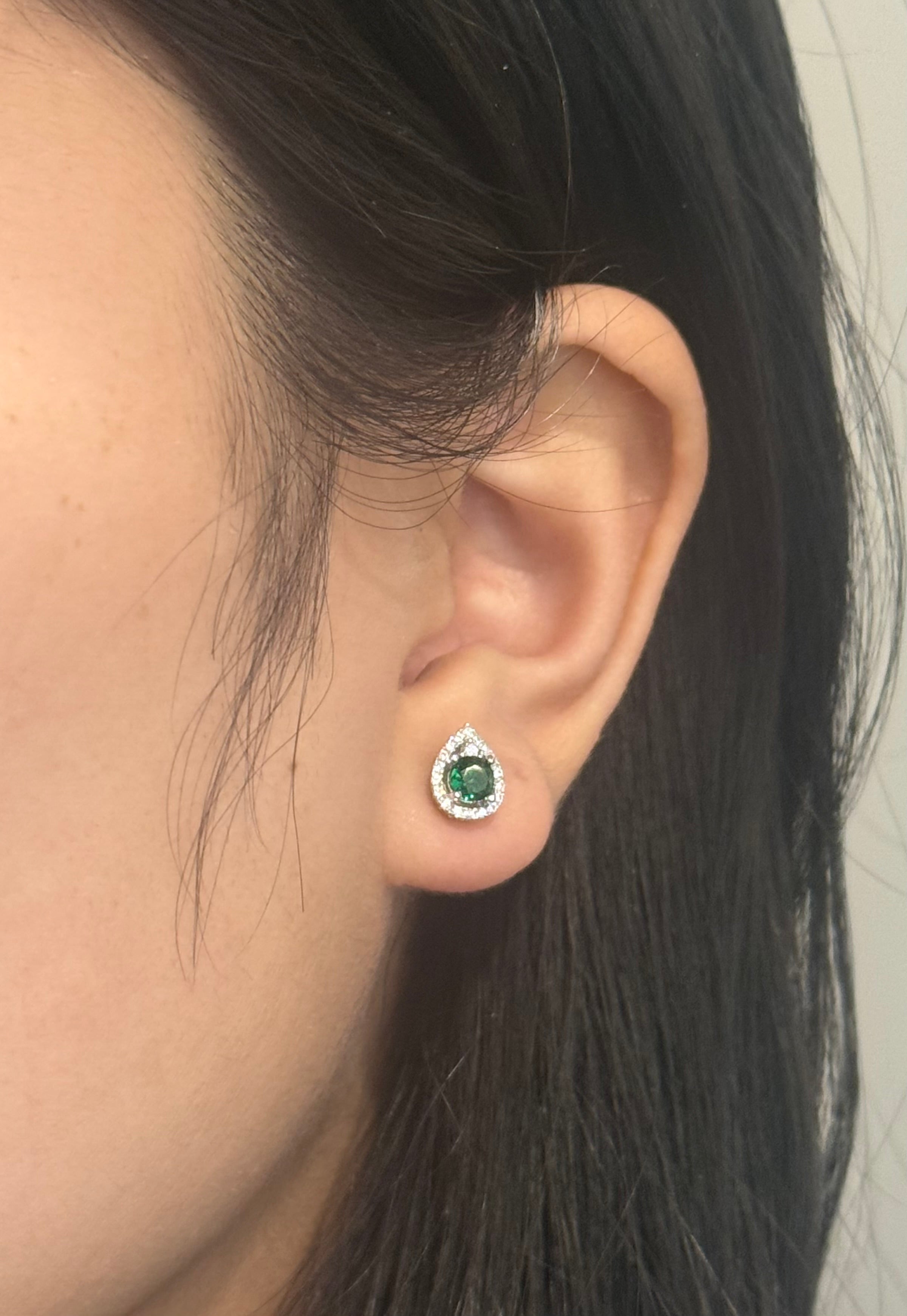 Sterling Silver Green Pear Halo Stud Earrings