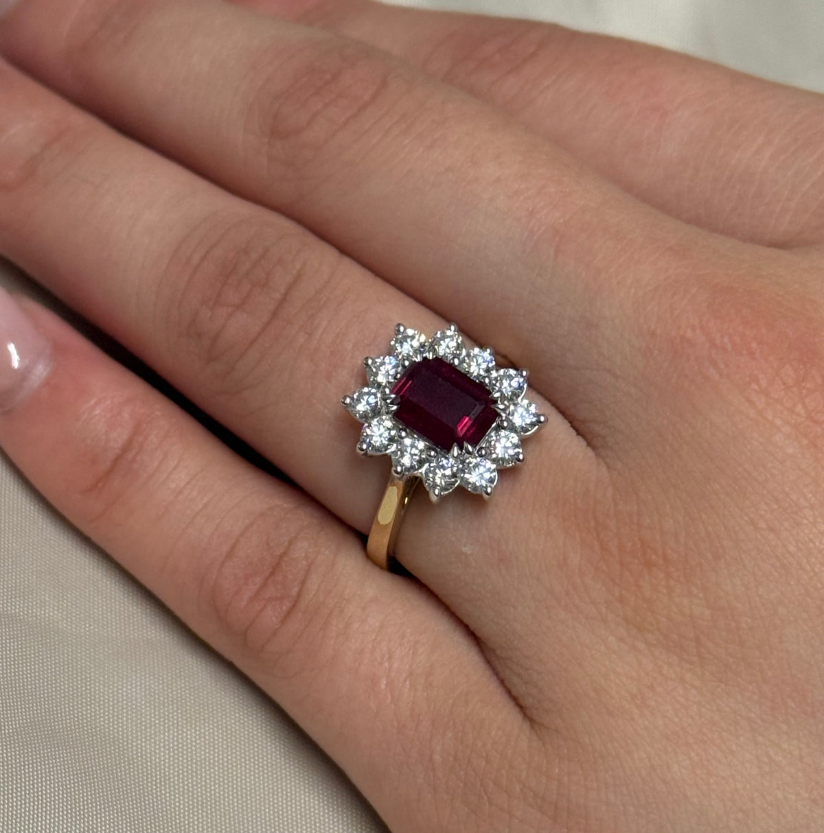 9ct Yellow Gold Lab Grown Emerald Cut Ruby and Diamond Cluster Ring
