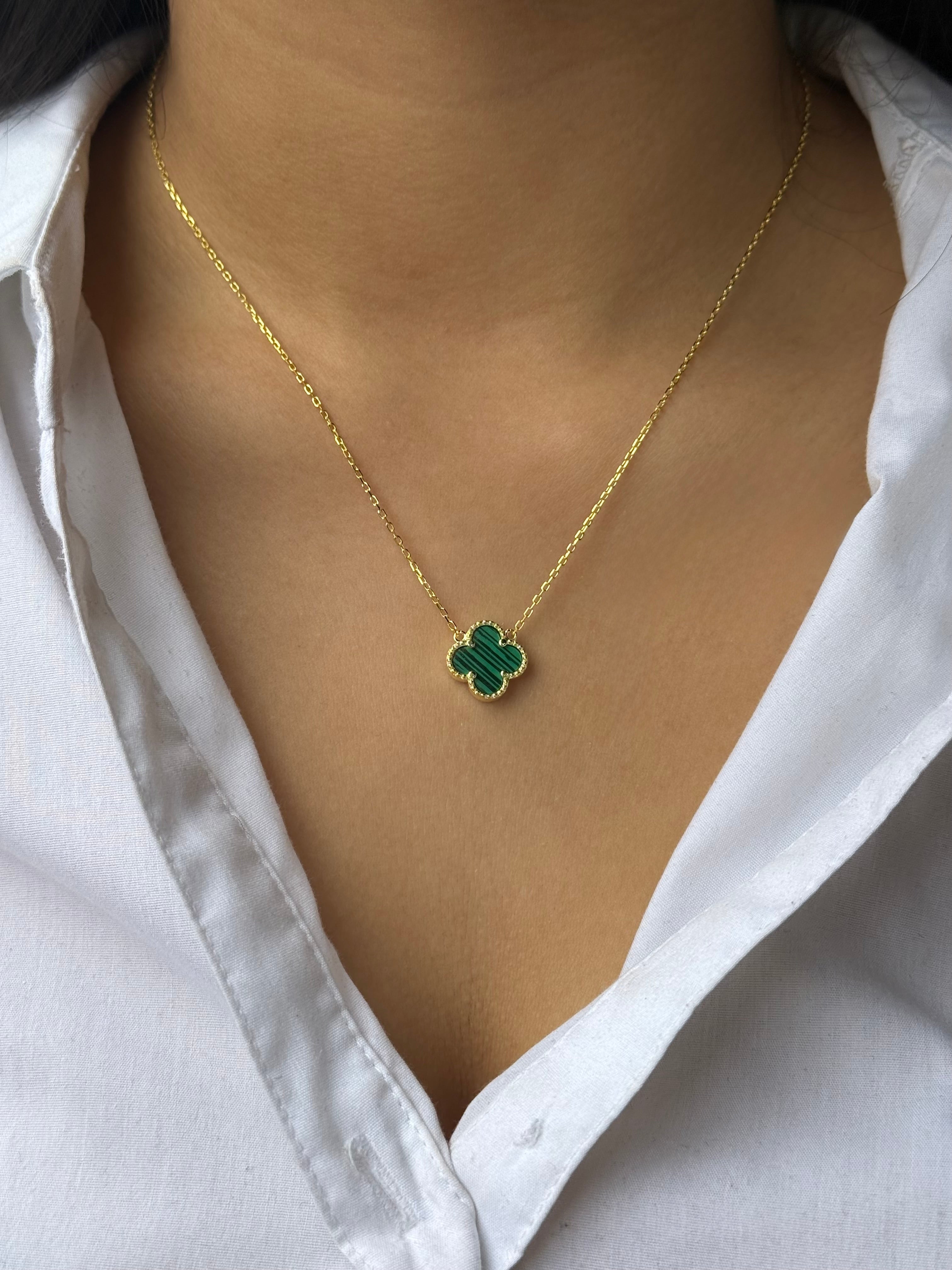 Gold Plated Sterling Silver Malachite Clover Necklace