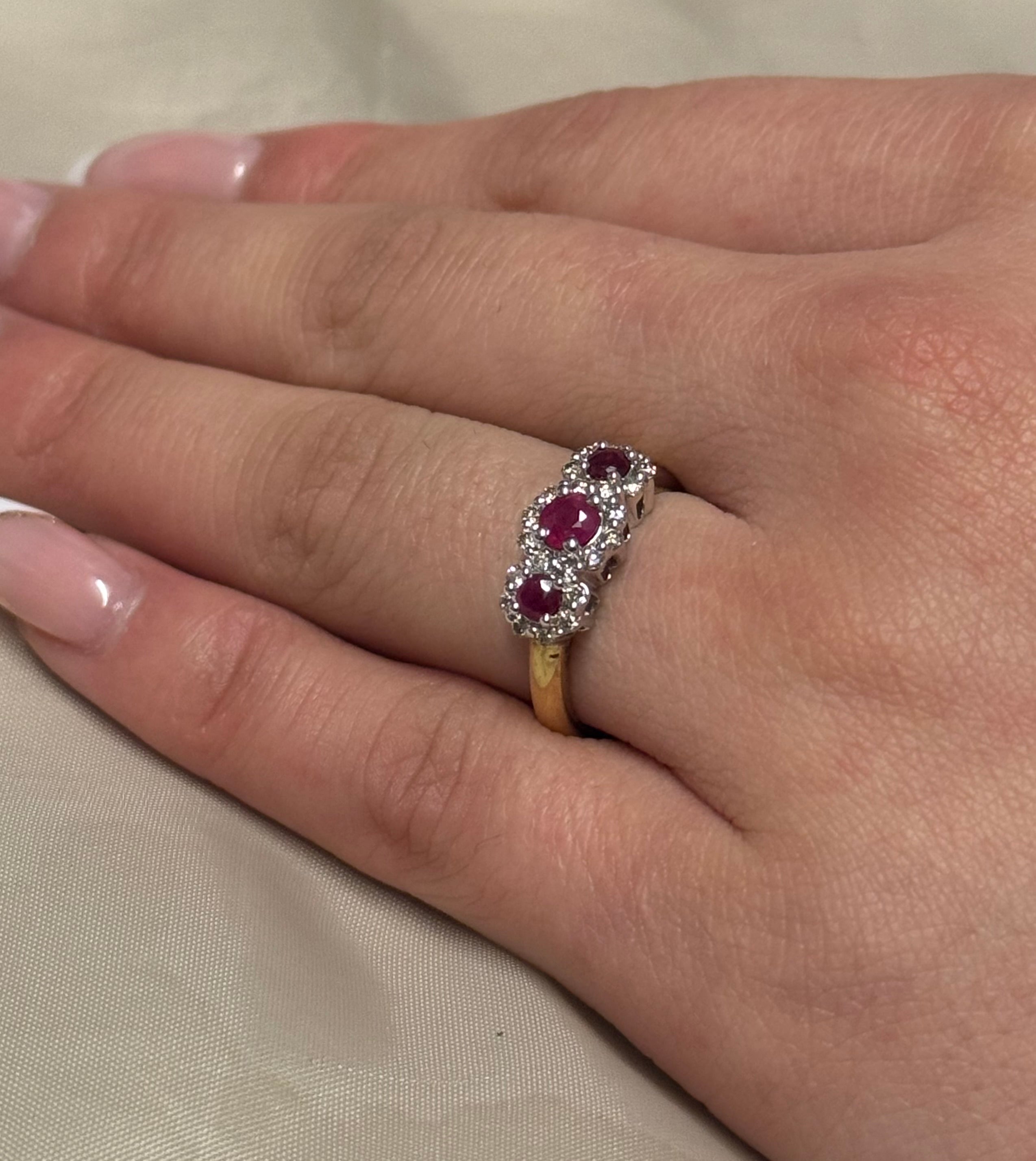 9K Yellow Gold Round Ruby Three Stone with Diamond Halo