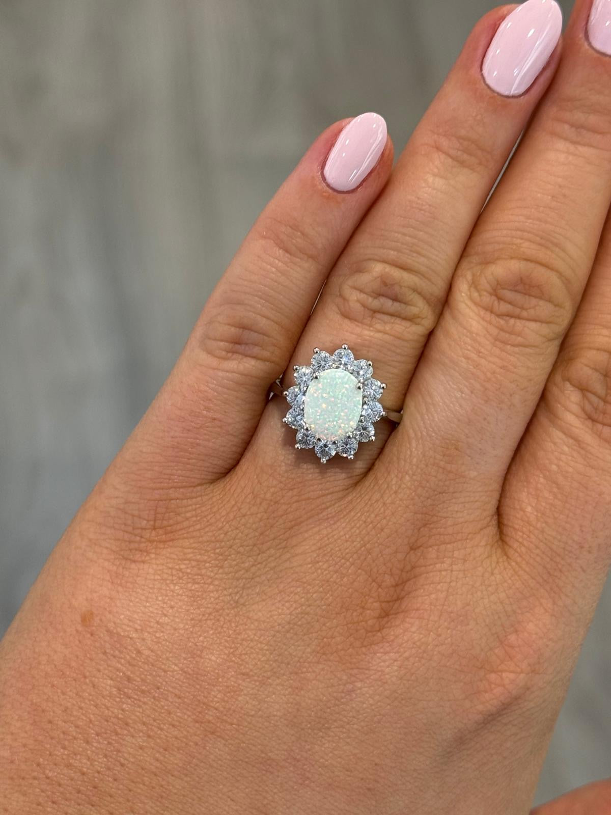 Sterling Silver Opal and CZ Cluster Ring