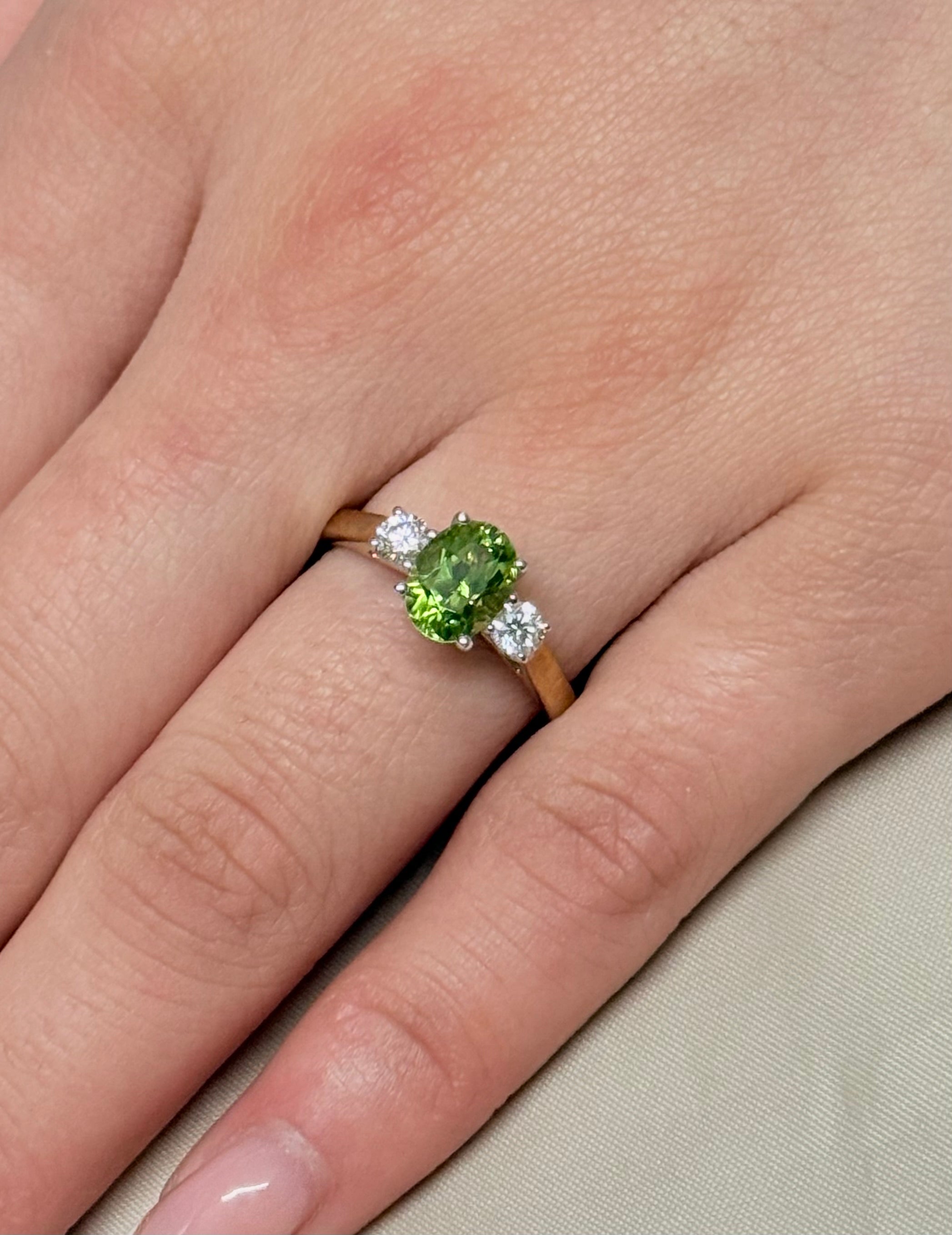 9K Yellow Gold Peridot and Diamond Three Stone Ring