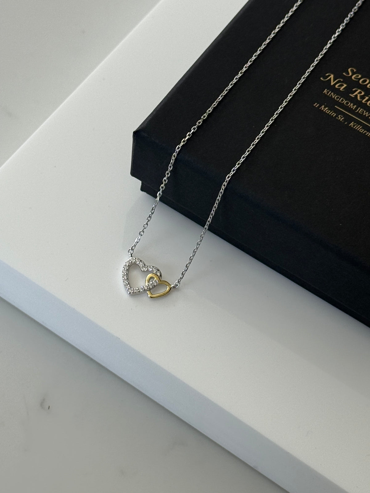 Sterling Silver & Gold Plated Cz Double Heart Necklace