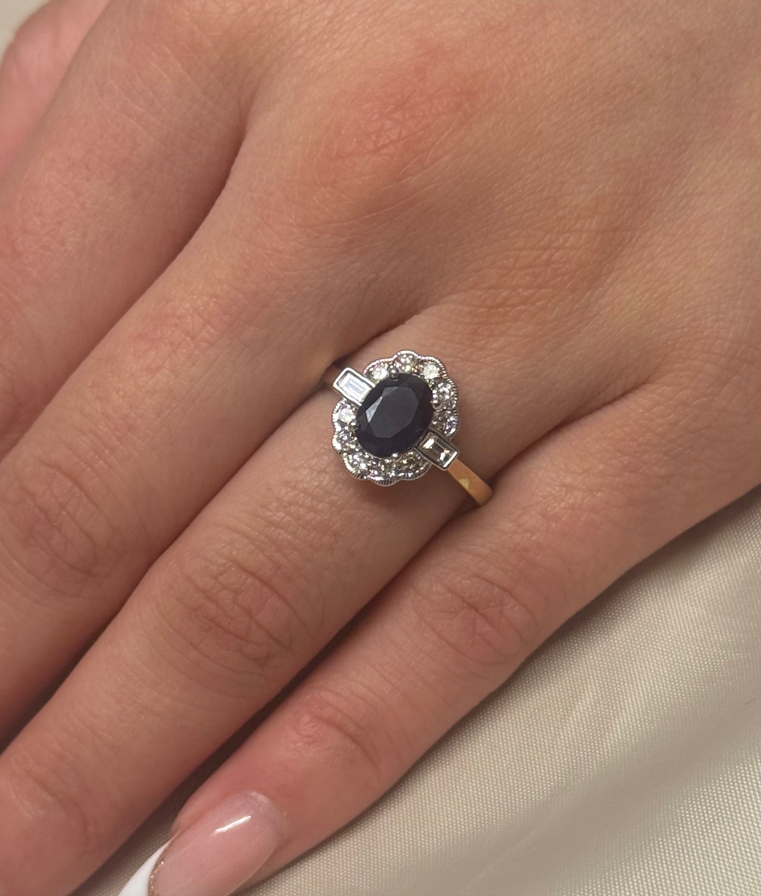 9K Yellow Gold Oval Sapphire and Diamond Cluster with Baguette side stones