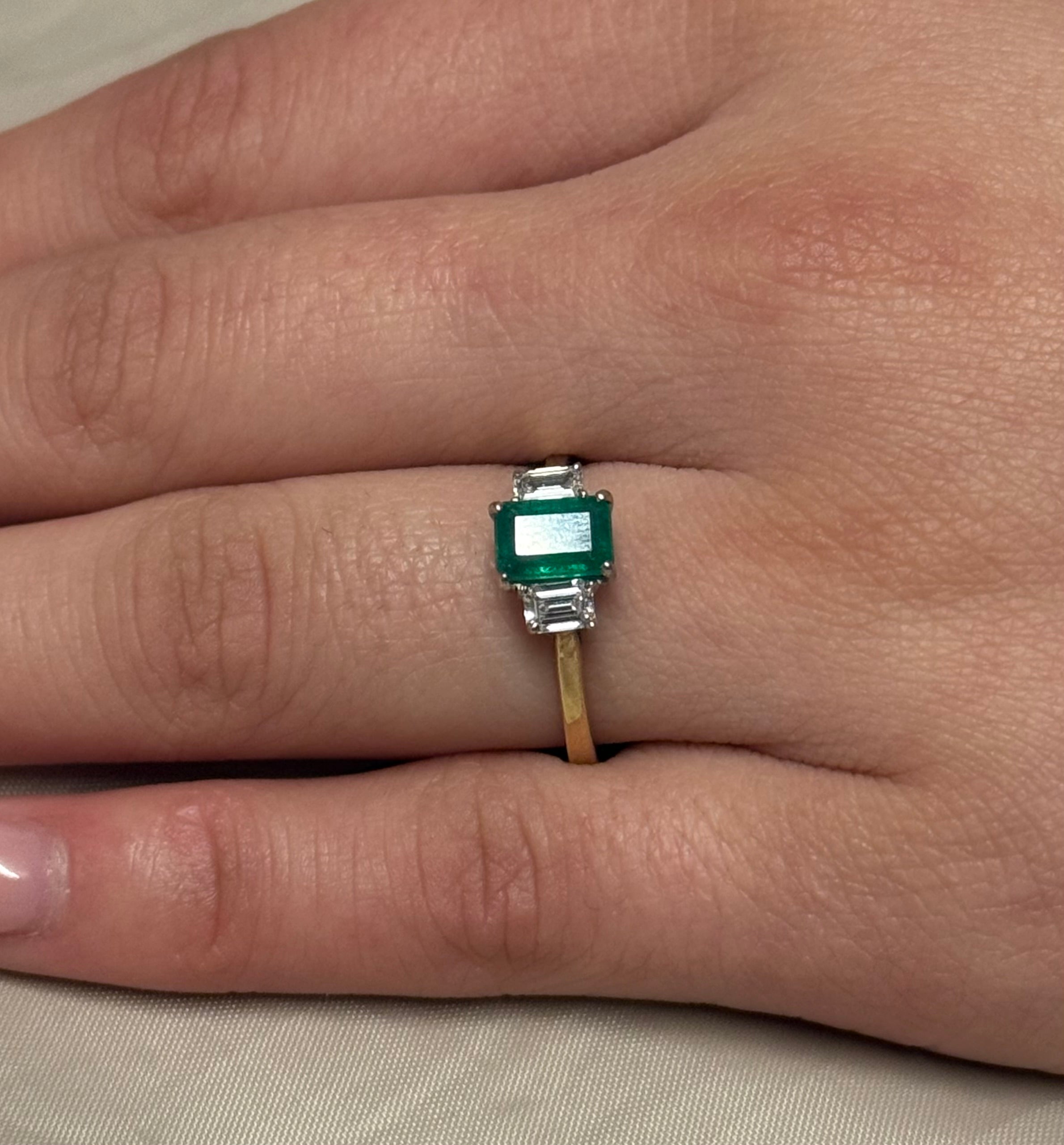 9K Yellow Gold Emerald Cut Emerald and Diamond Three Stone