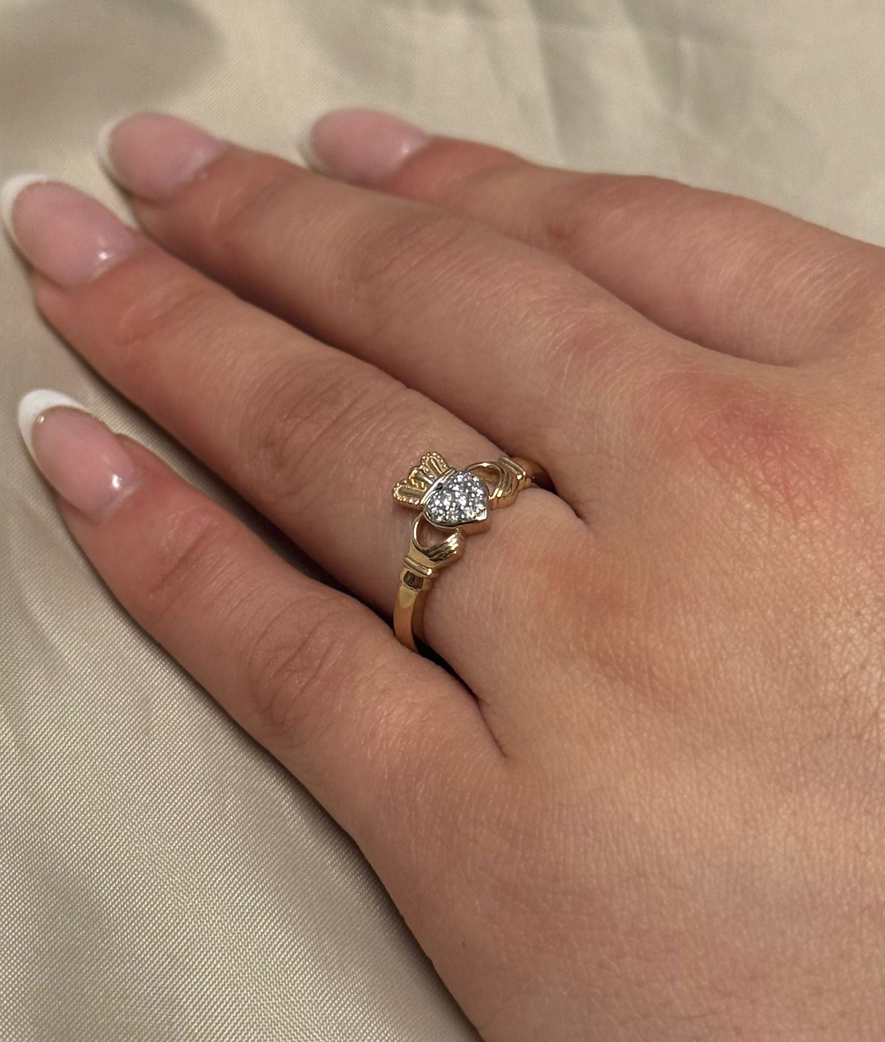 9K Yellow Gold Diamond Heart Claddagh Ring