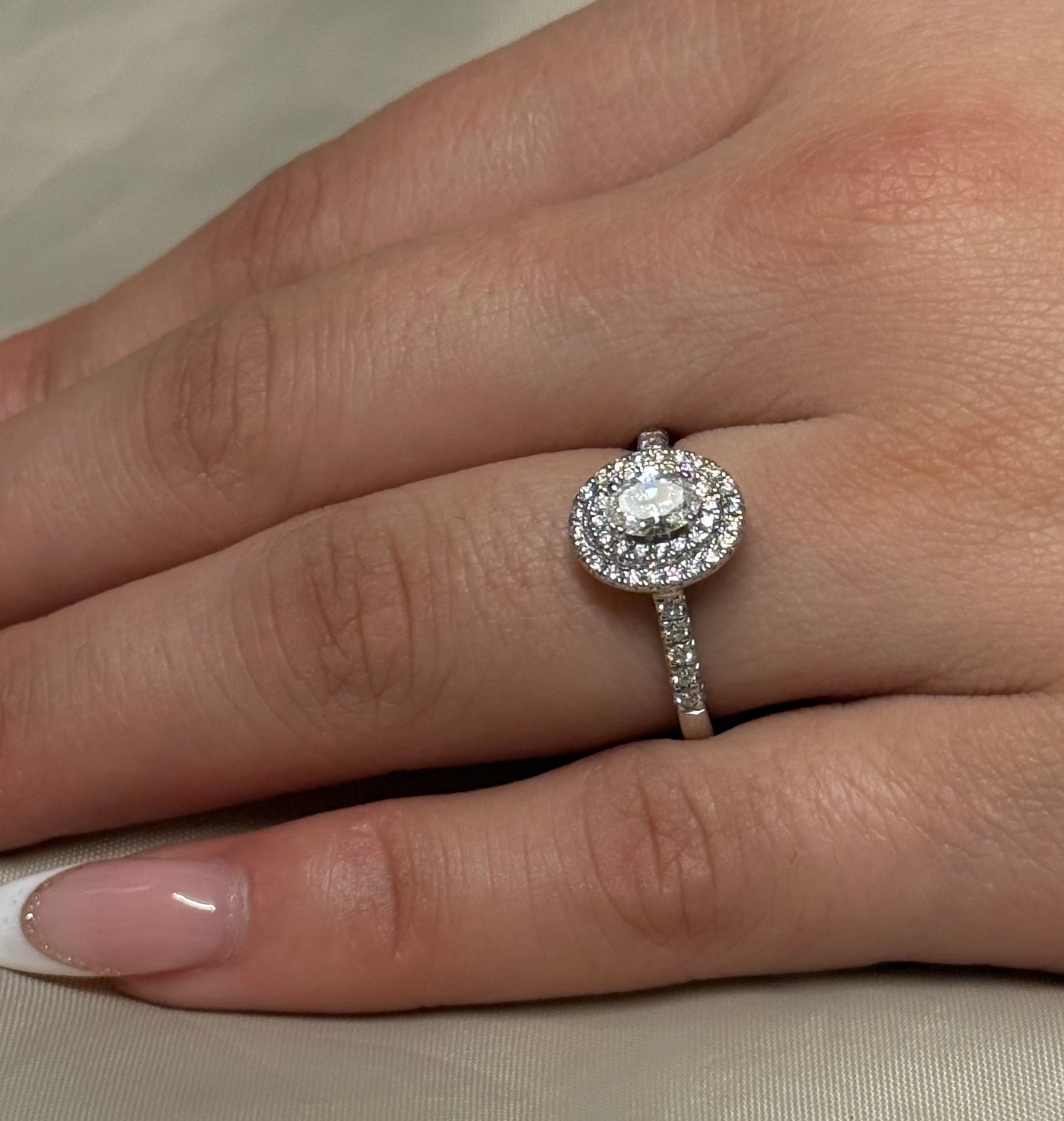 18K White Gold Oval Double Halo with Diamond Band