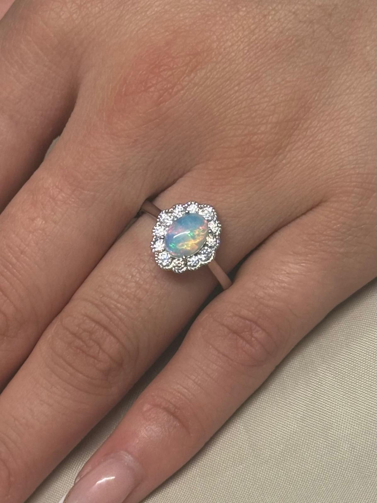 9K White Gold Opal and CZ Cluster Ring