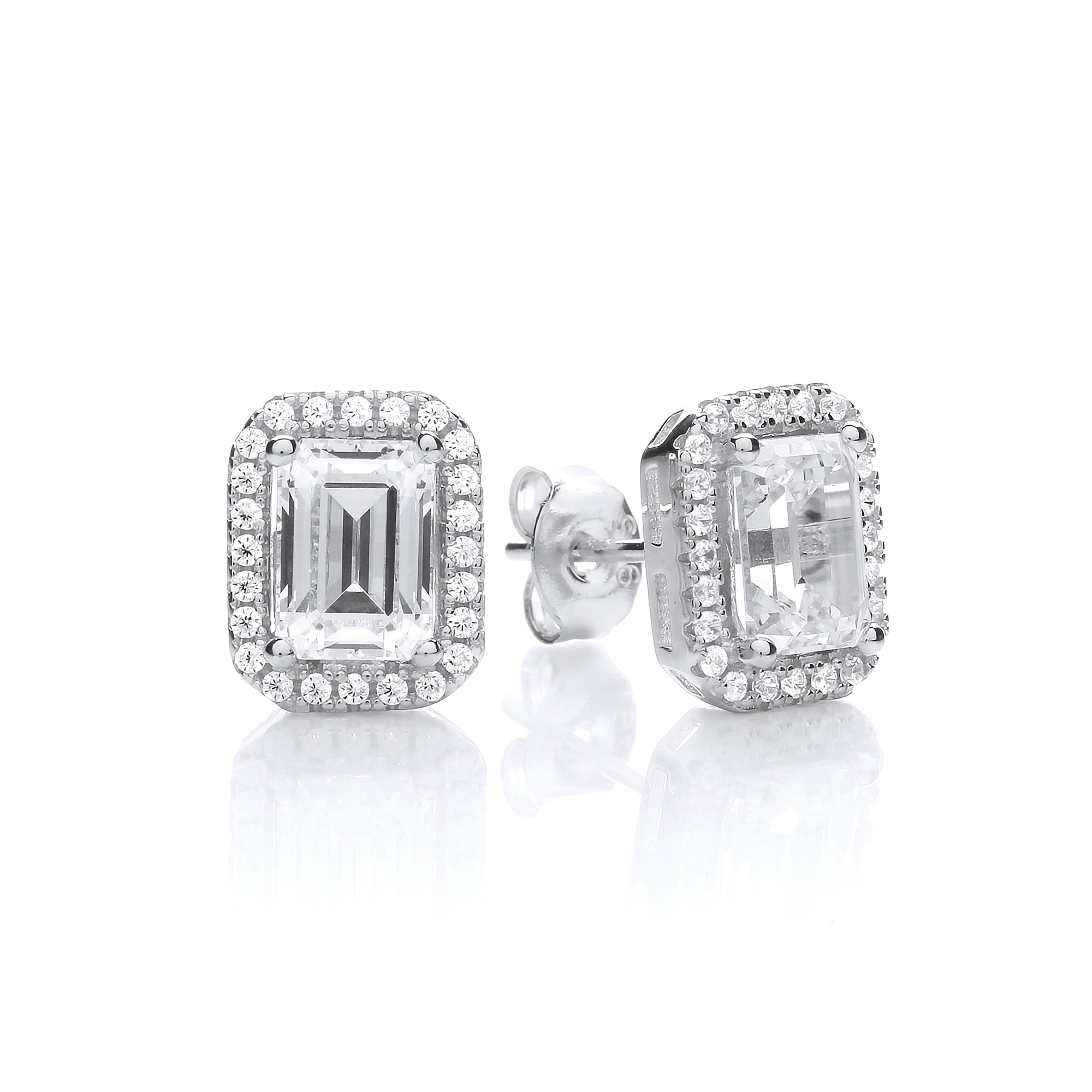 Sterling Silver Cz Emerald Cut Halo Earrings