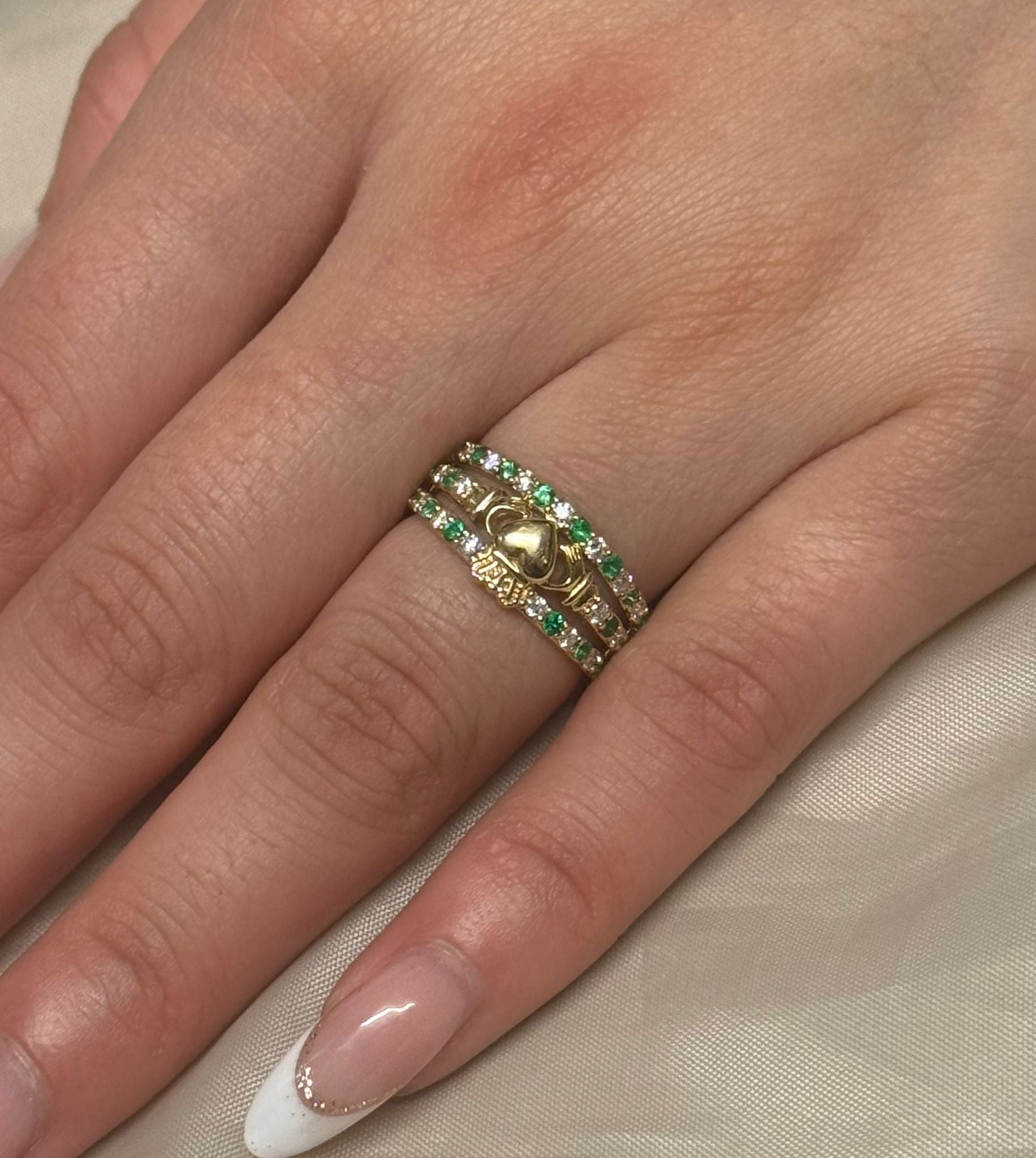 14K Yellow Gold Emerald and Diamond Triple Band Claddagh Ring