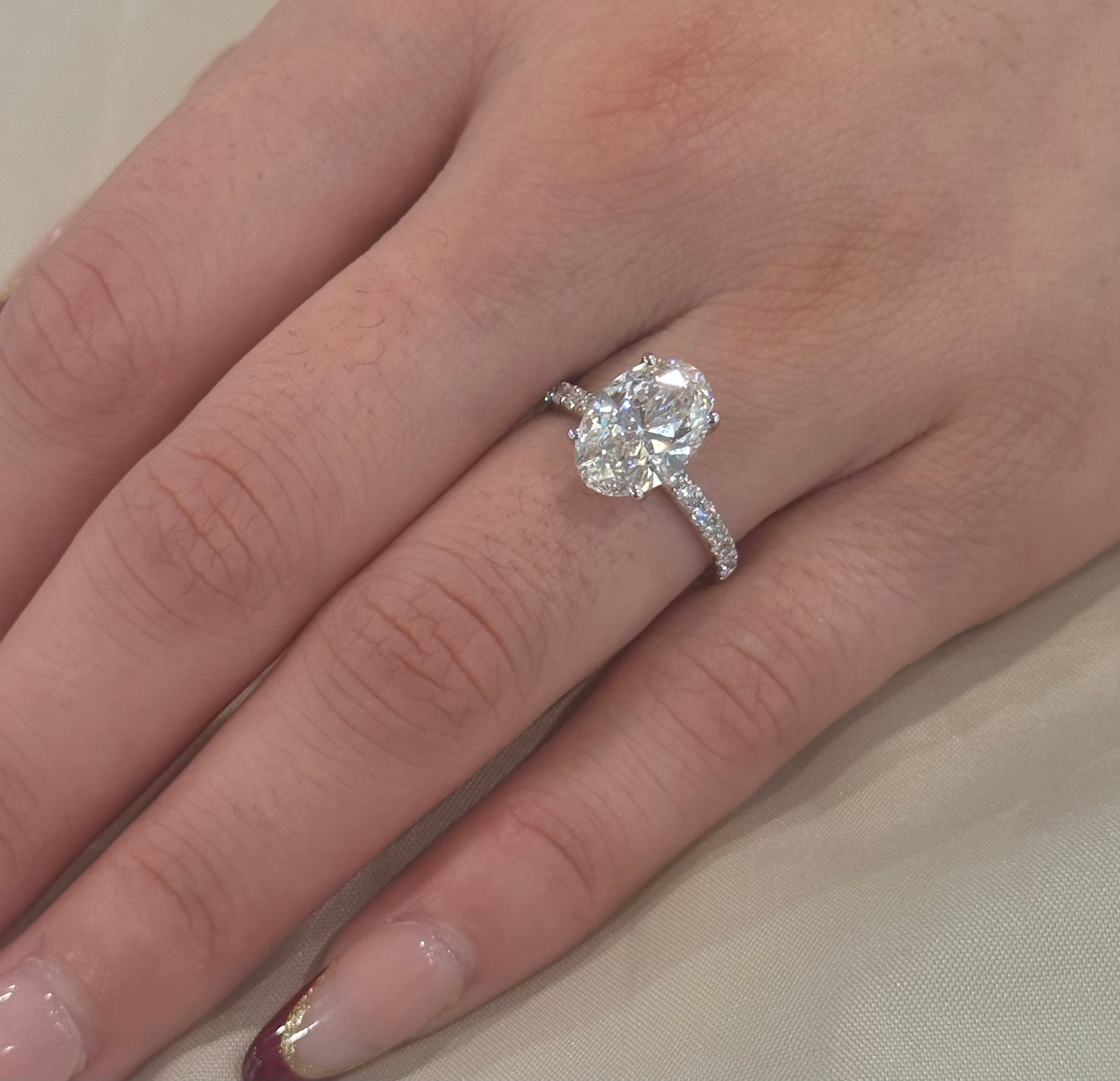 9K White Gold 3.40ct Oval Laboratory Grown Solitaire with Hidden Halo and Diamond Band