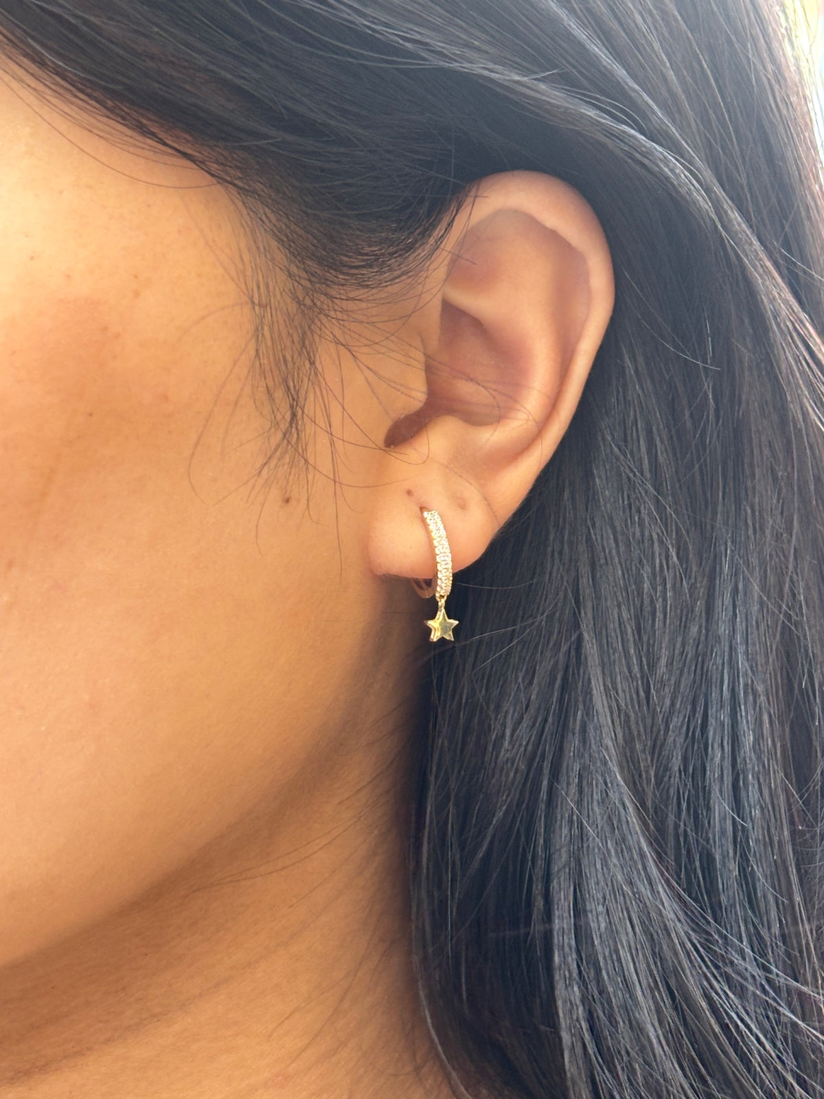 9ct Yellow Gold Cz Star Drop Hoop Earrings