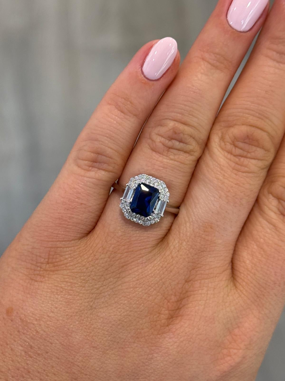 Sterling Silver Blue Emerald Cut Cz Halo Dress Ring