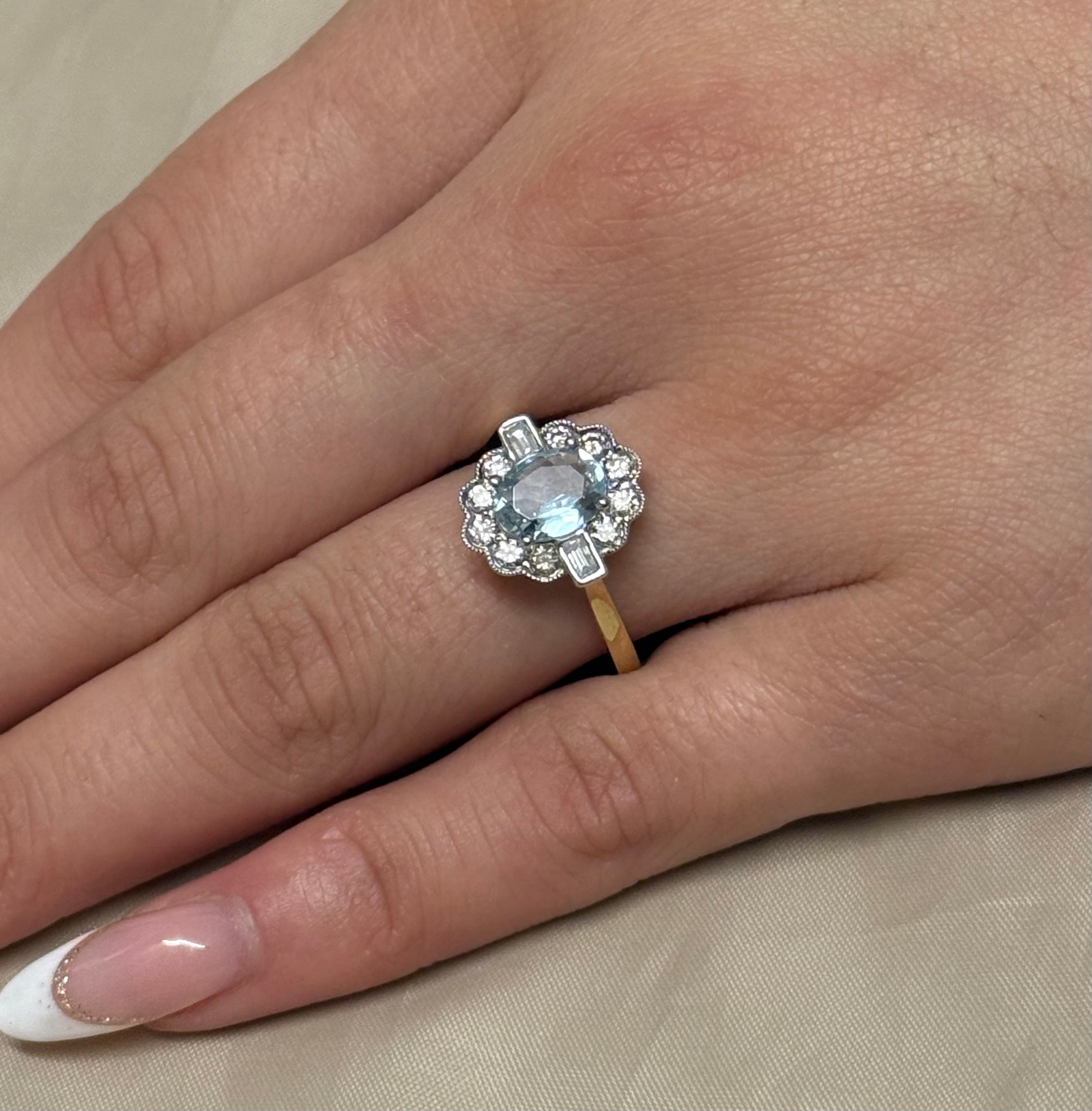 9K Yellow Gold Aquamarine and Diamond Cluster with Baguette Side Stones