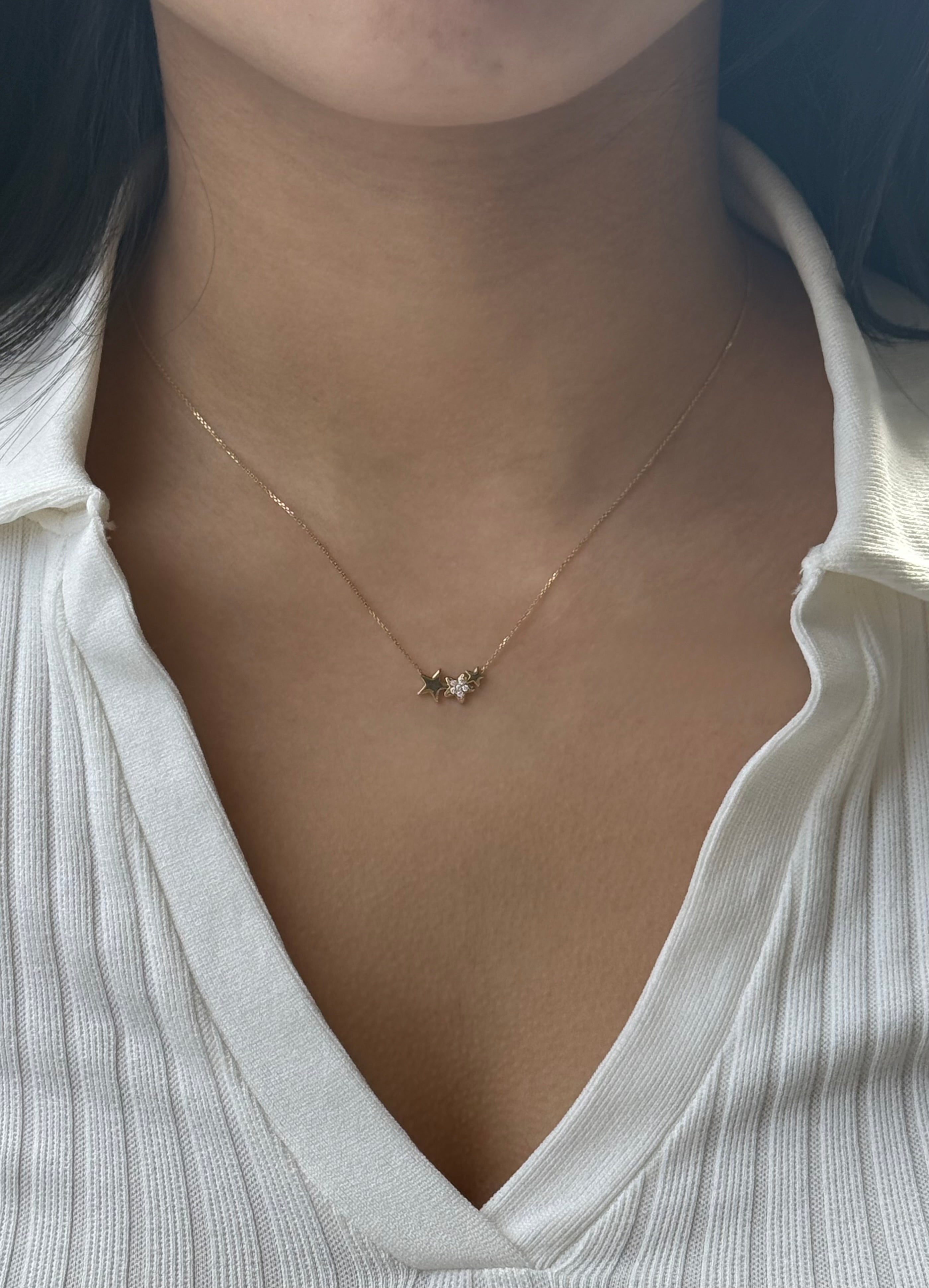9ct Yellow Gold Triple Star CZ Necklace