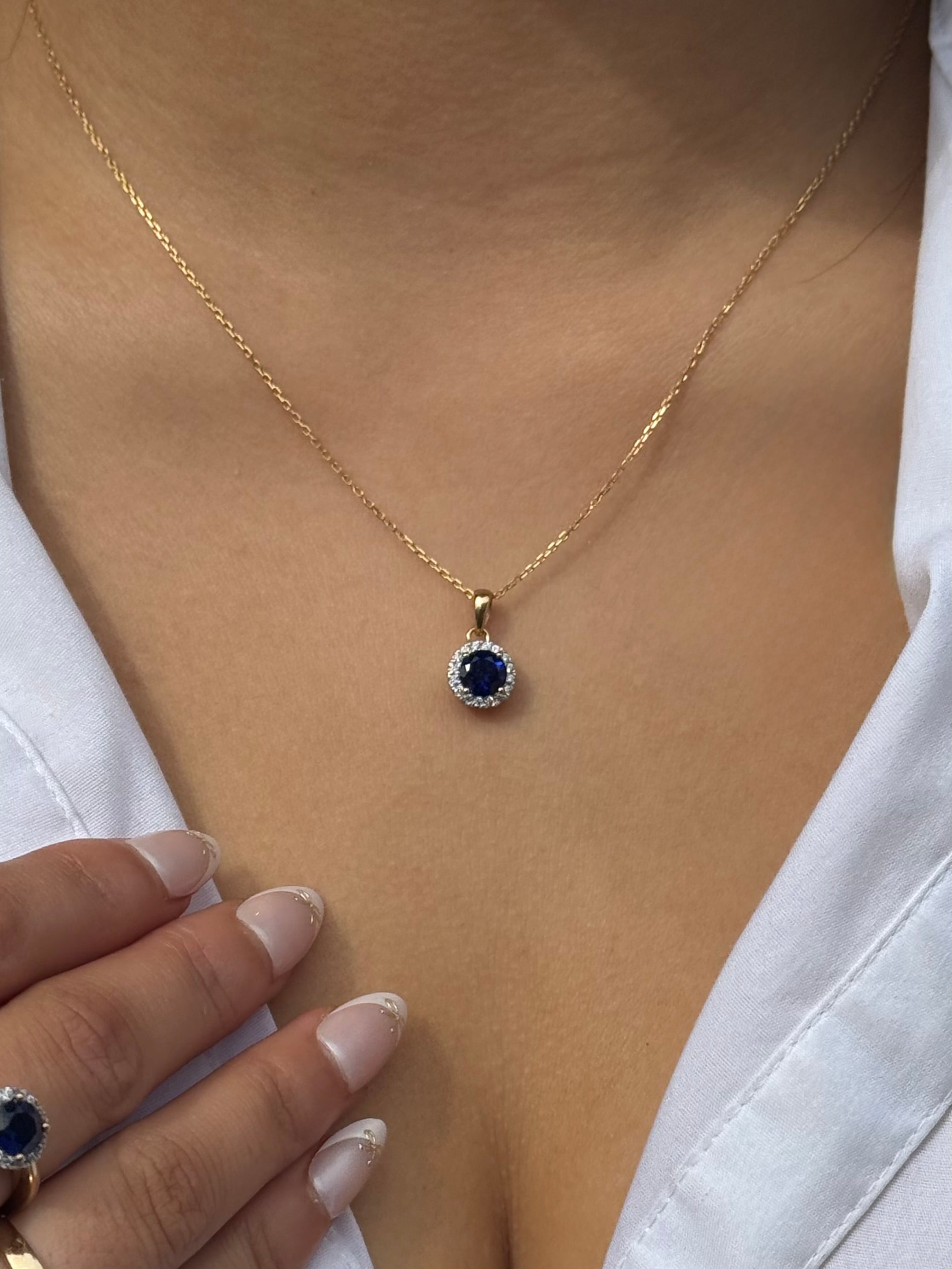 9ct Yellow Gold Round Blue Stone with CZ Halo Pendant