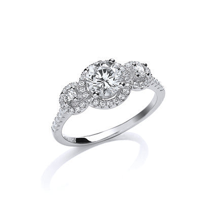 Sterling Silver Three Stone Cz Halo Ring