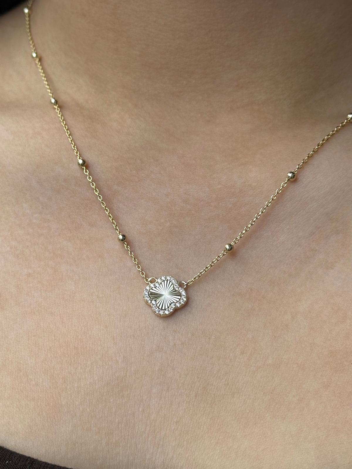 Gold Plated Sterling Silver Beaded Cz Clover Necklace