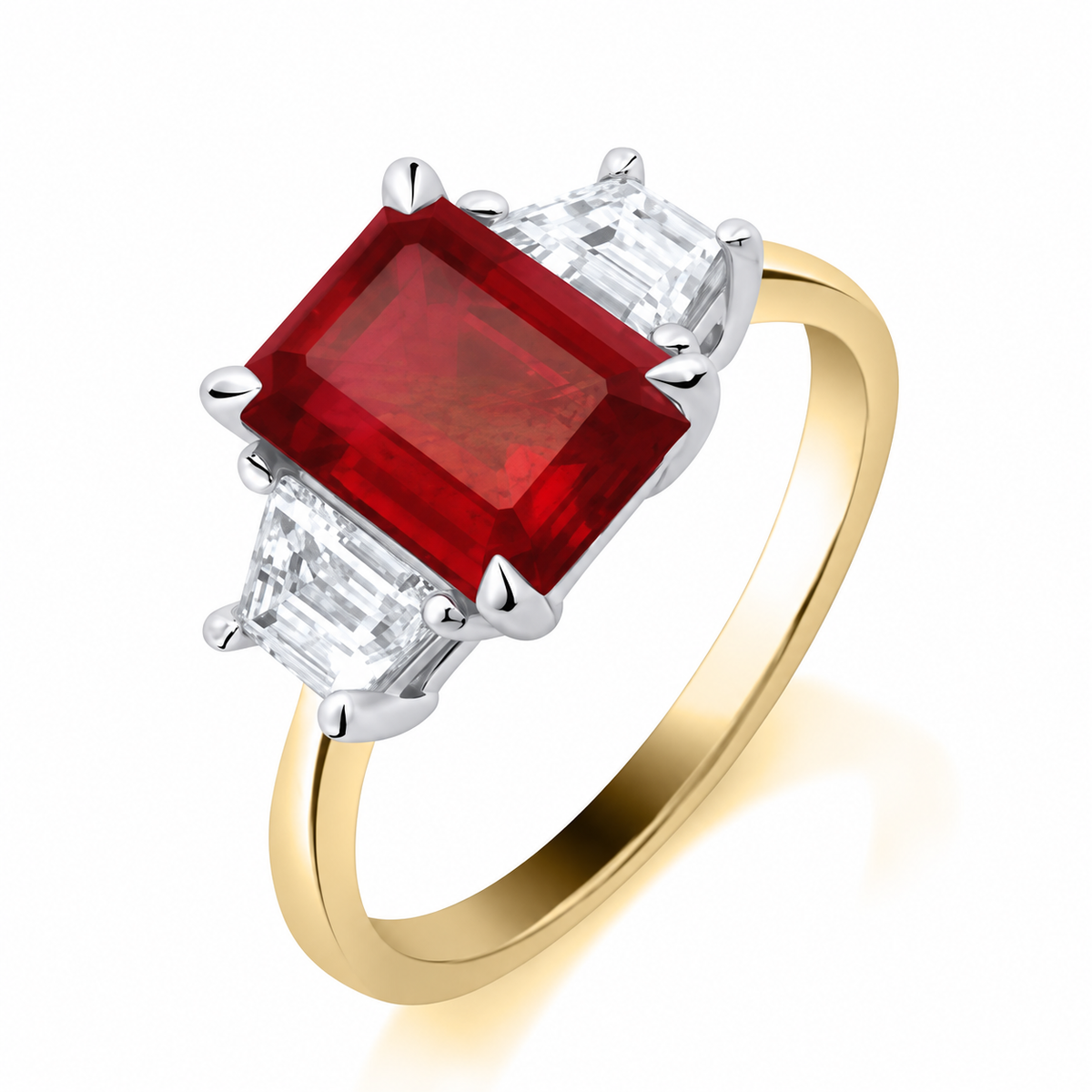9ct Yellow Gold Lab-Grown Emerald Cut Ruby with Trapezoid Diamond Shoulders