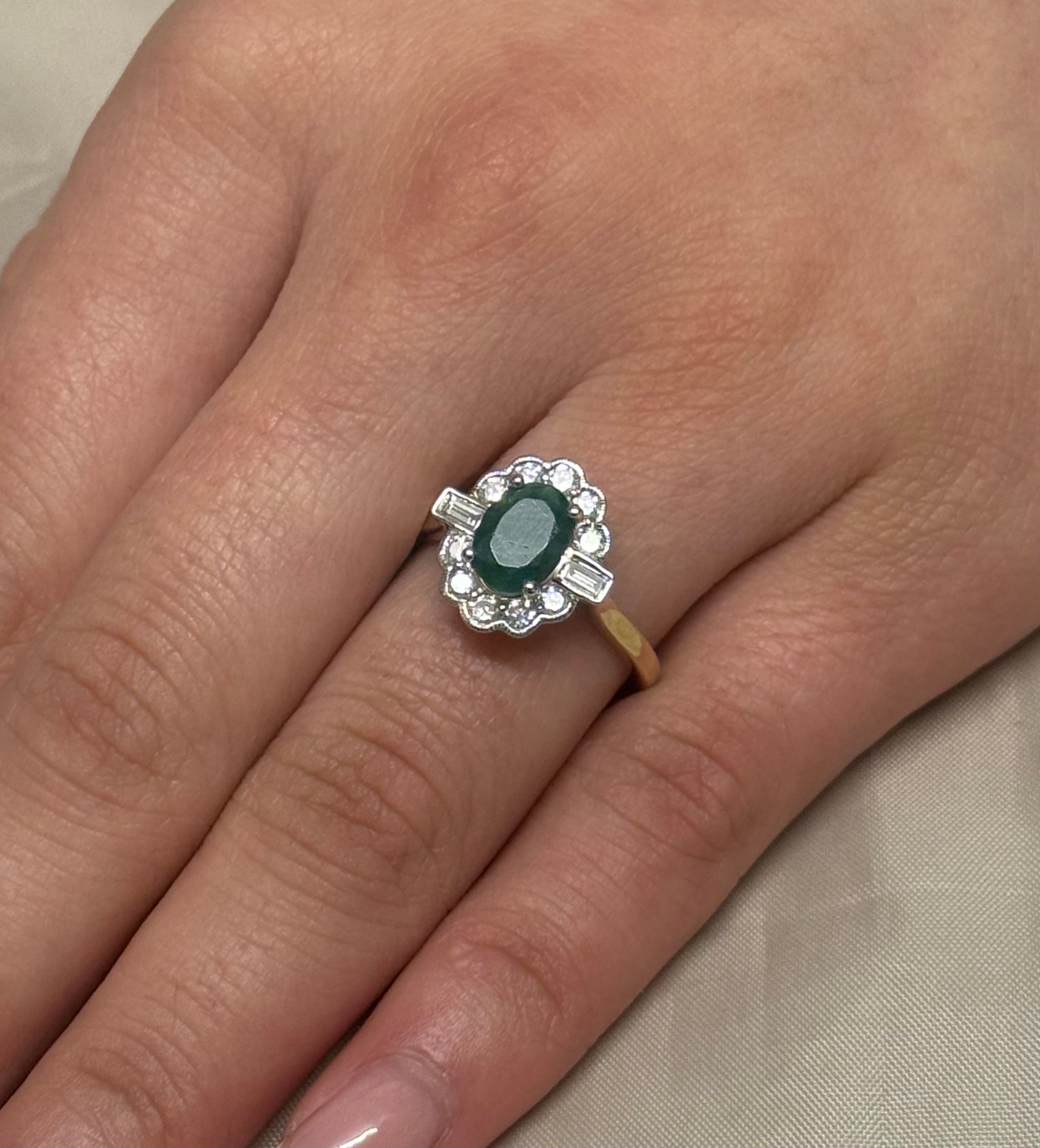 9K Yellow Gold Emerald and Diamond Cluster with Baguette side stones