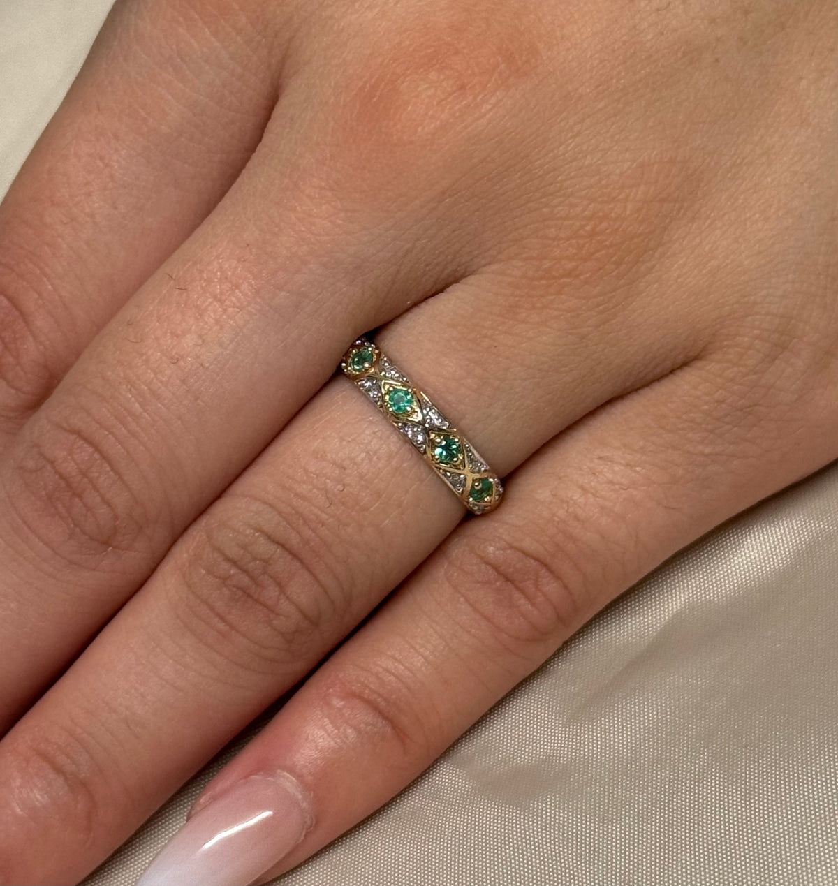 9K Yellow Gold Emerald and Diamond Vintage Style Band