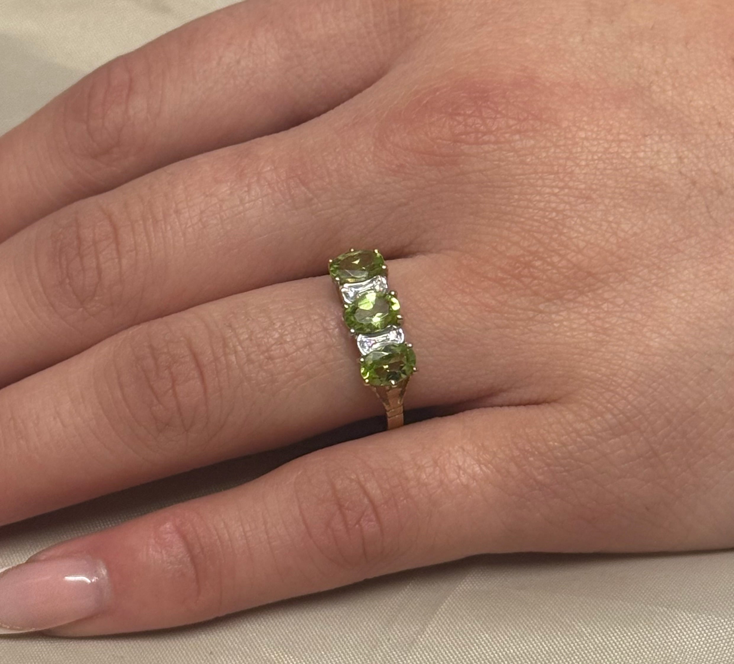 9K Yellow Gold Three Stone Peridot with Diamond Accents