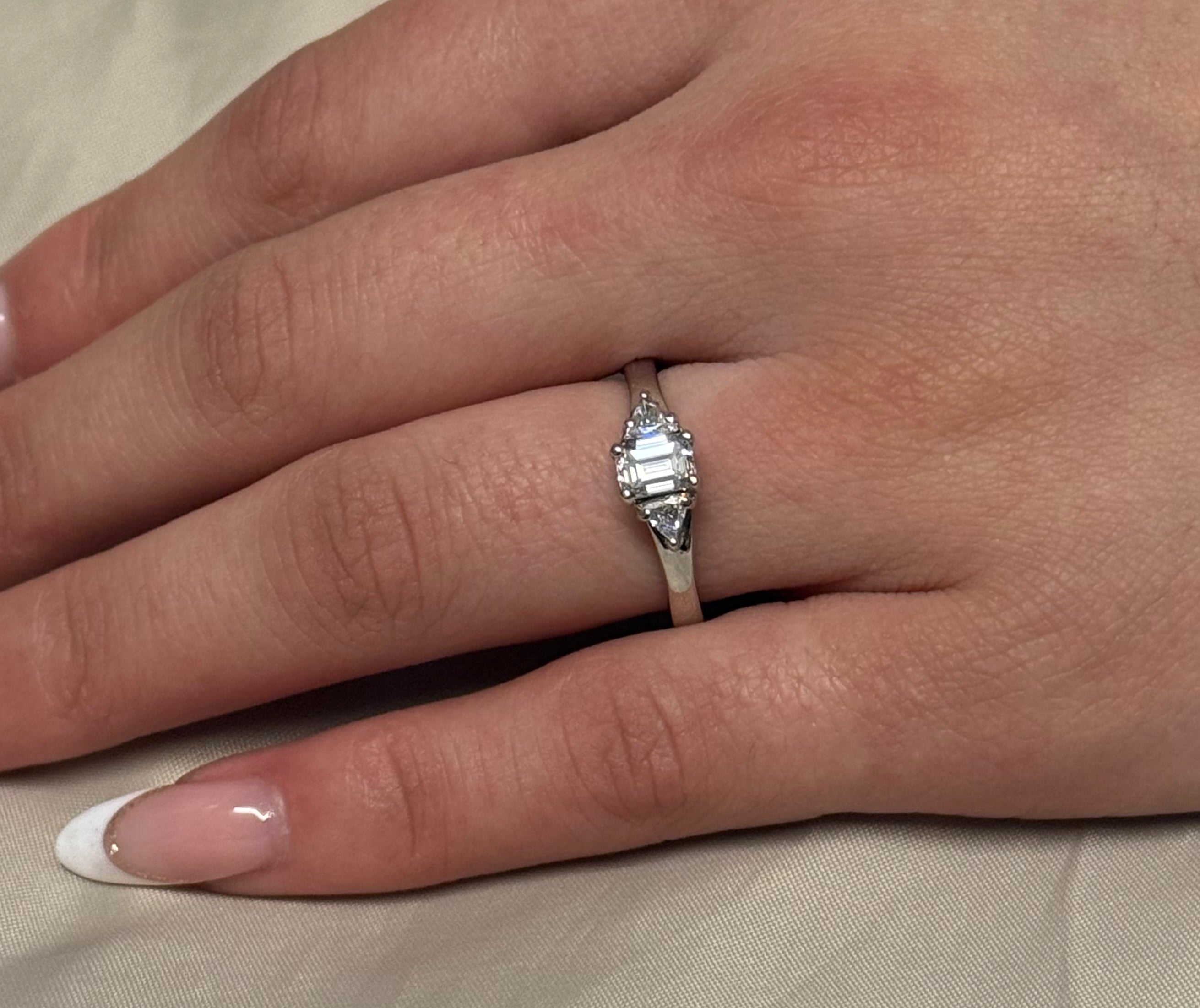 18K White Gold Emerald and Trillion Cut Three Stone Diamond Ring