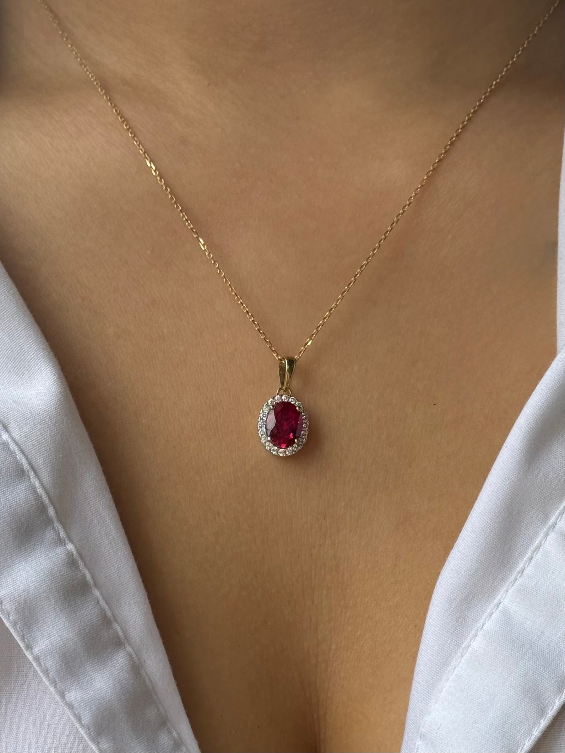 9ct Yellow Gold Red Stone Oval CZ Halo Pendant