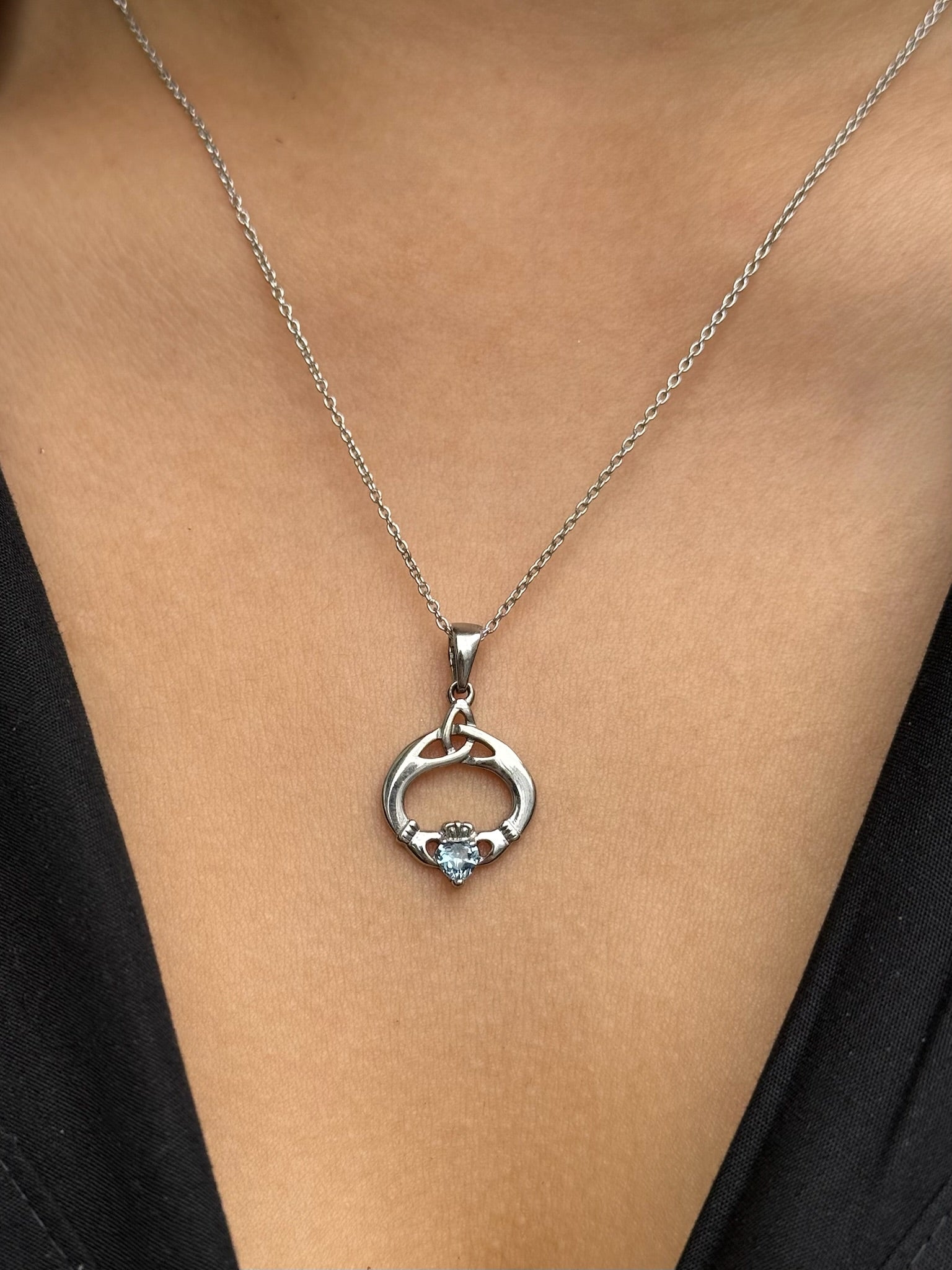 Sterling Silver March Birthstone Claddagh Pendant