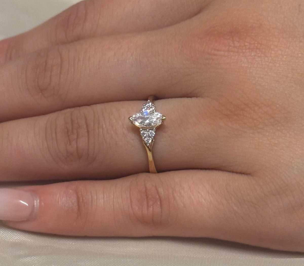 9K Yellow Gold CZ Marquise with Cluster Side Stones