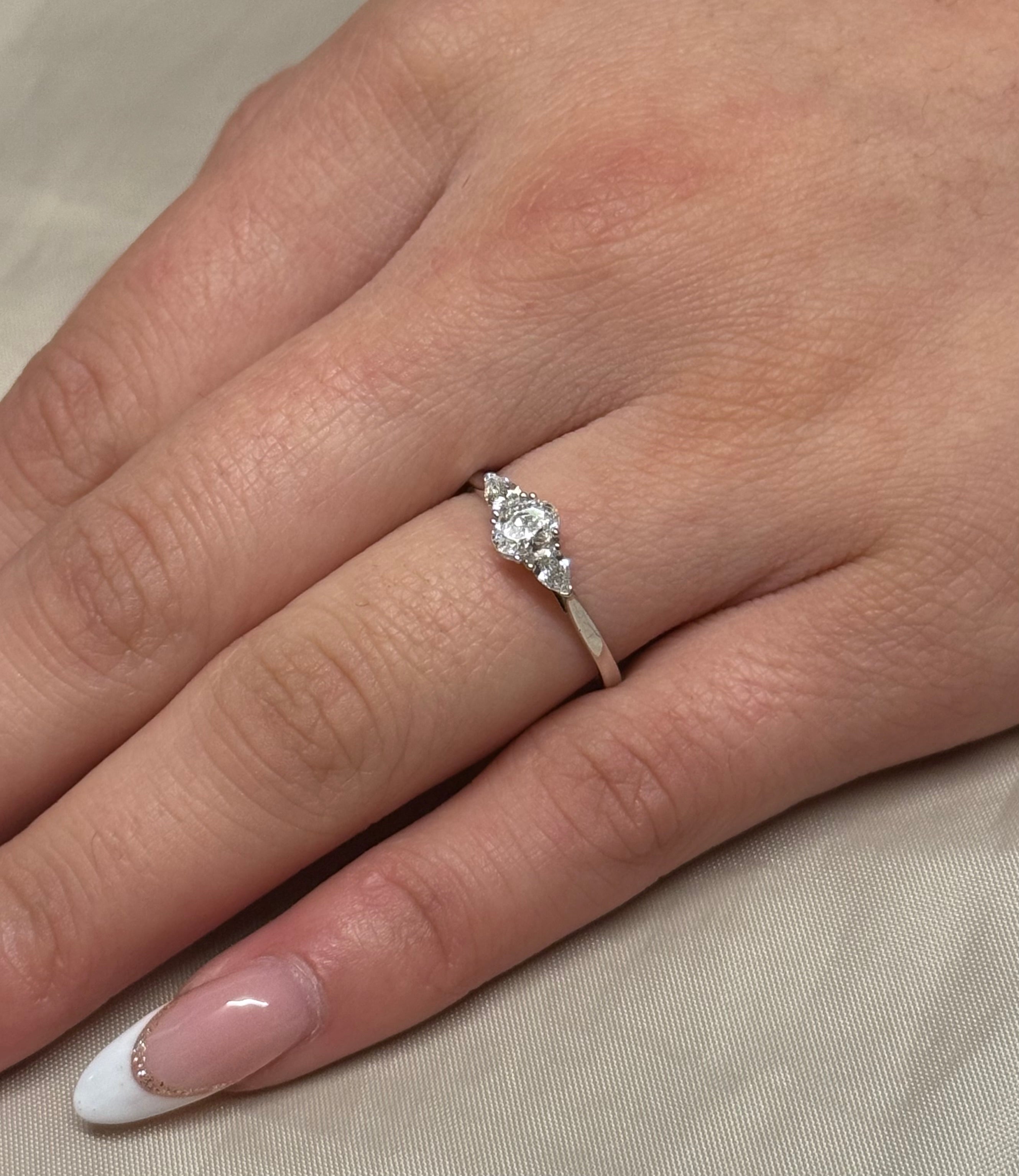 9K White Gold 50pt Oval & Pear Three Stone Diamond Ring