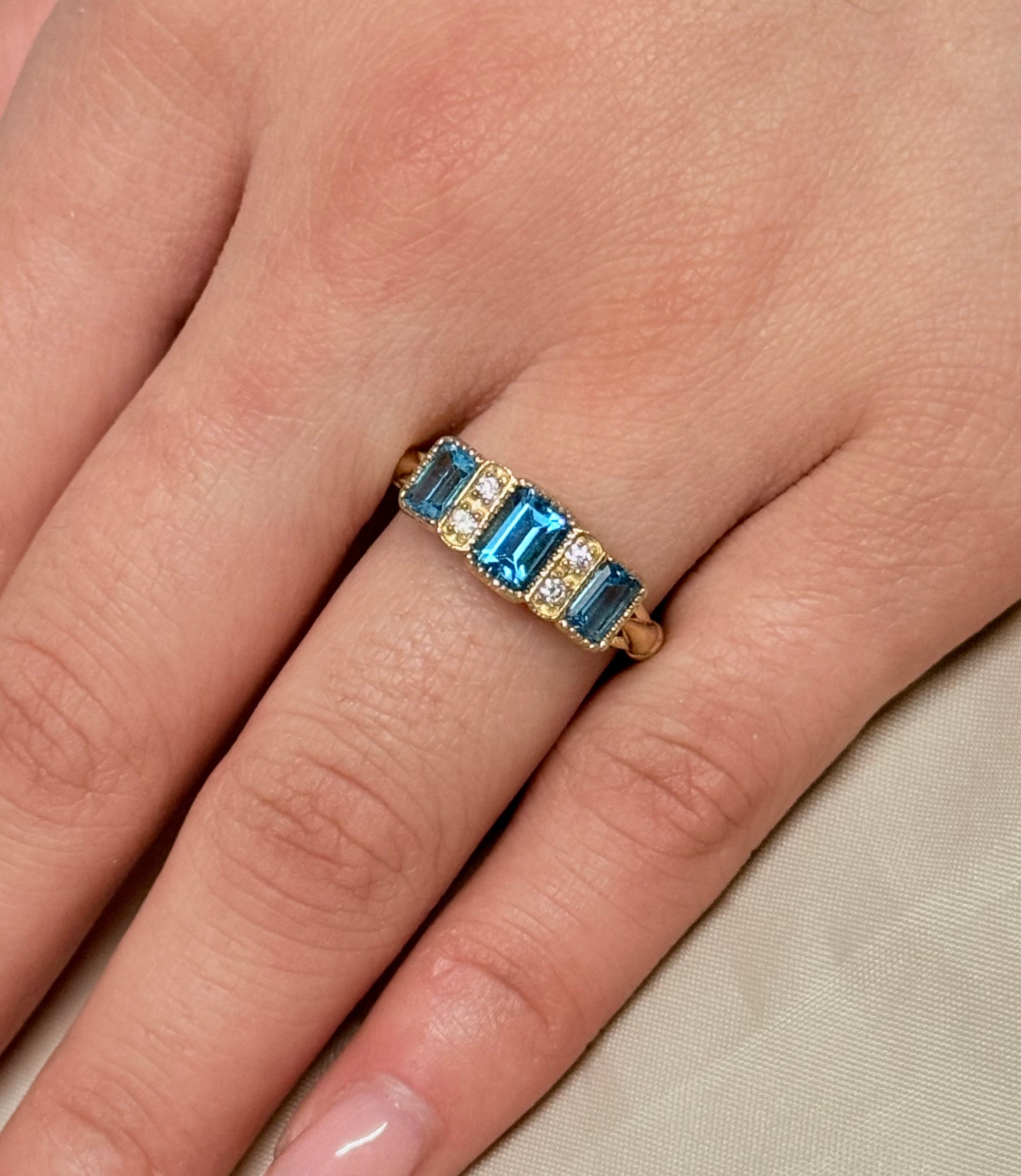 9K Yellow Gold Vintage Style Blue Topaz and Diamond Three Stone