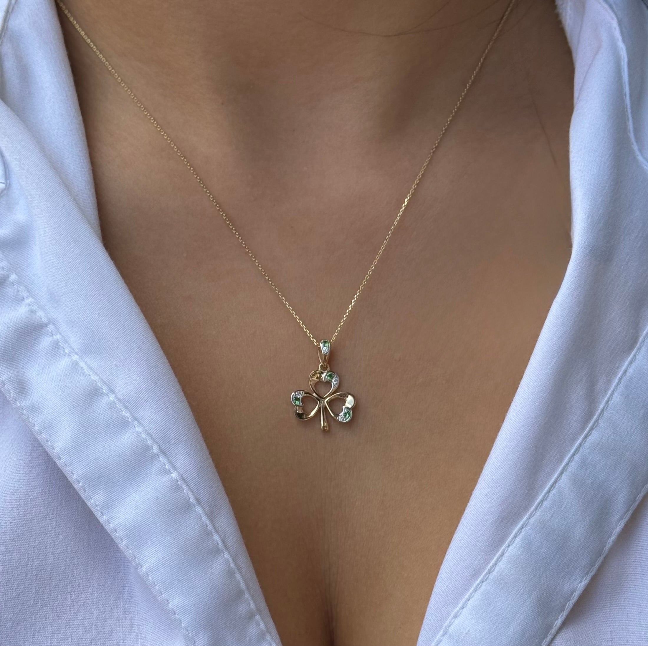 9ct Yellow Gold Open Shamrock Emerald & Diamond Pendant