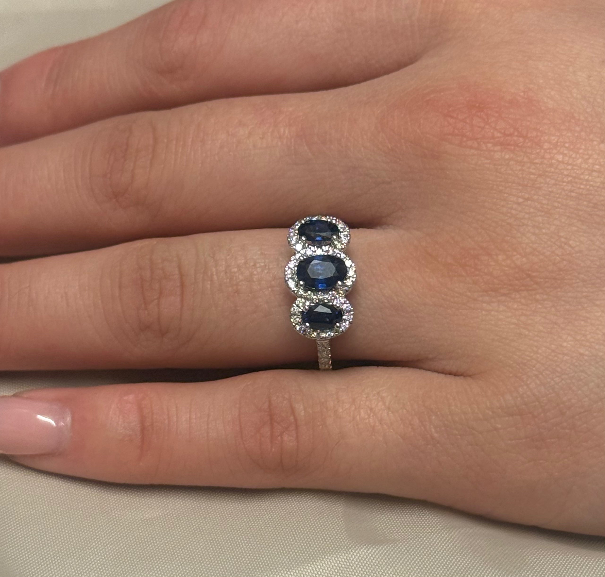 9ct Yellow Gold Three Stone Oval Sapphire and Diamond Halo Ring