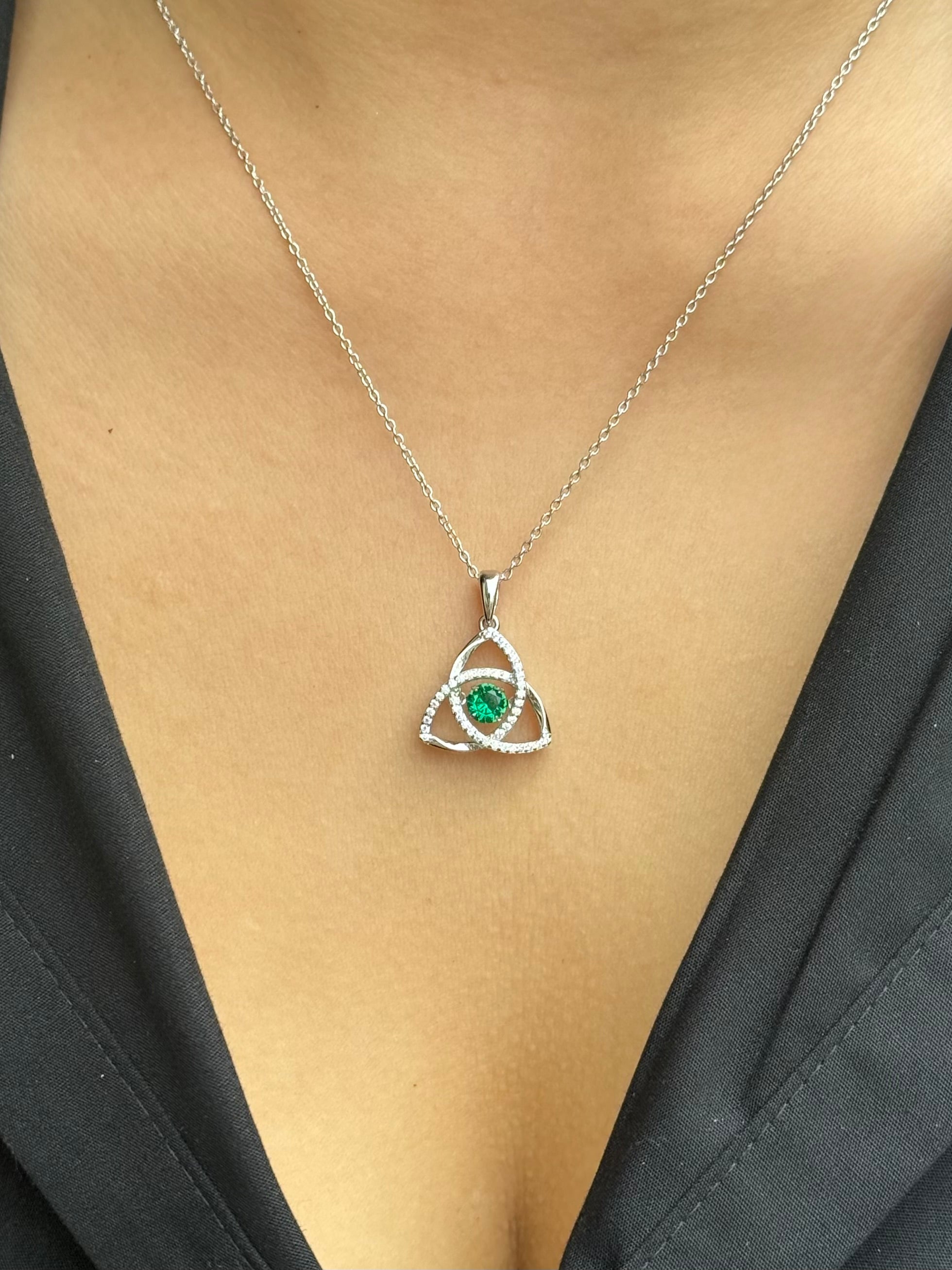 Sterling Silver “Dancing” Green Stone Trinity Necklace