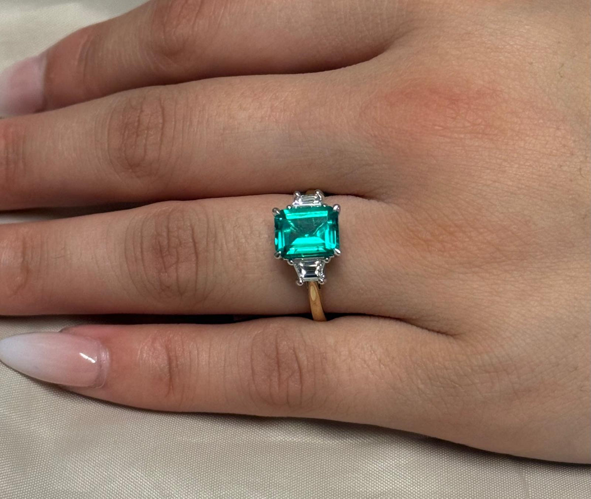 9ct Yellow Gold Lab-Grown Emerald Cut Emerald with Trapezoid Diamond Shoulders