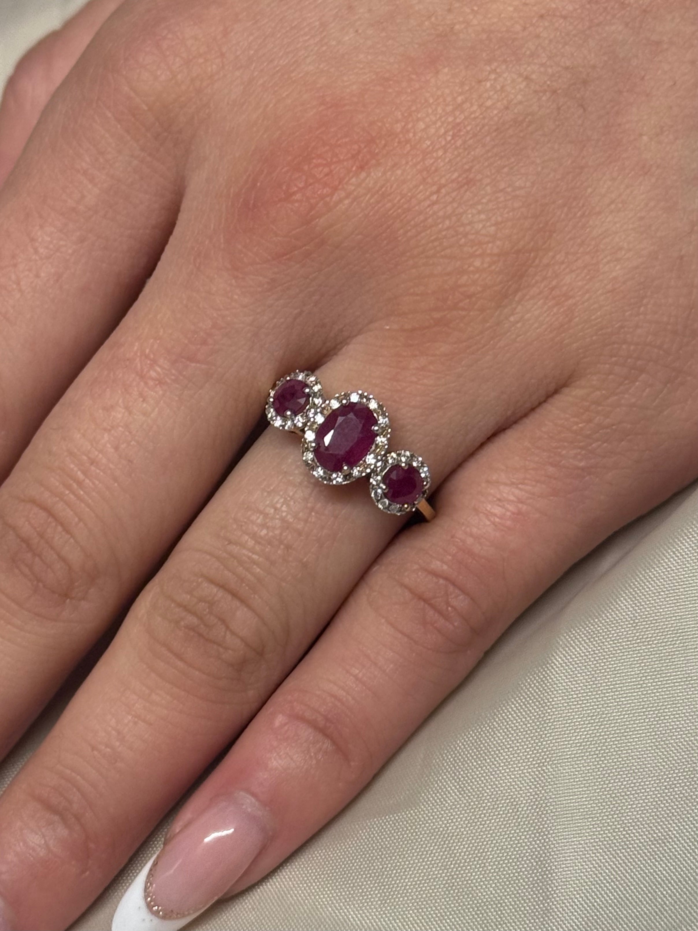 9K Yellow Gold Oval Ruby Three Stone with Diamond Halo