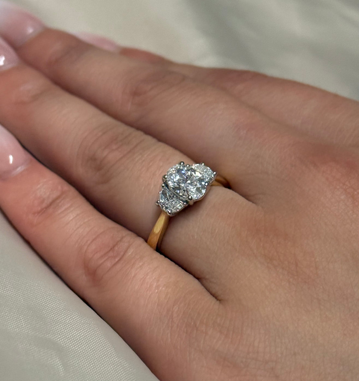 18K Yellow Gold 1.4ct Laboratory Grown Oval 3 Stone with Half Moon Side Stones